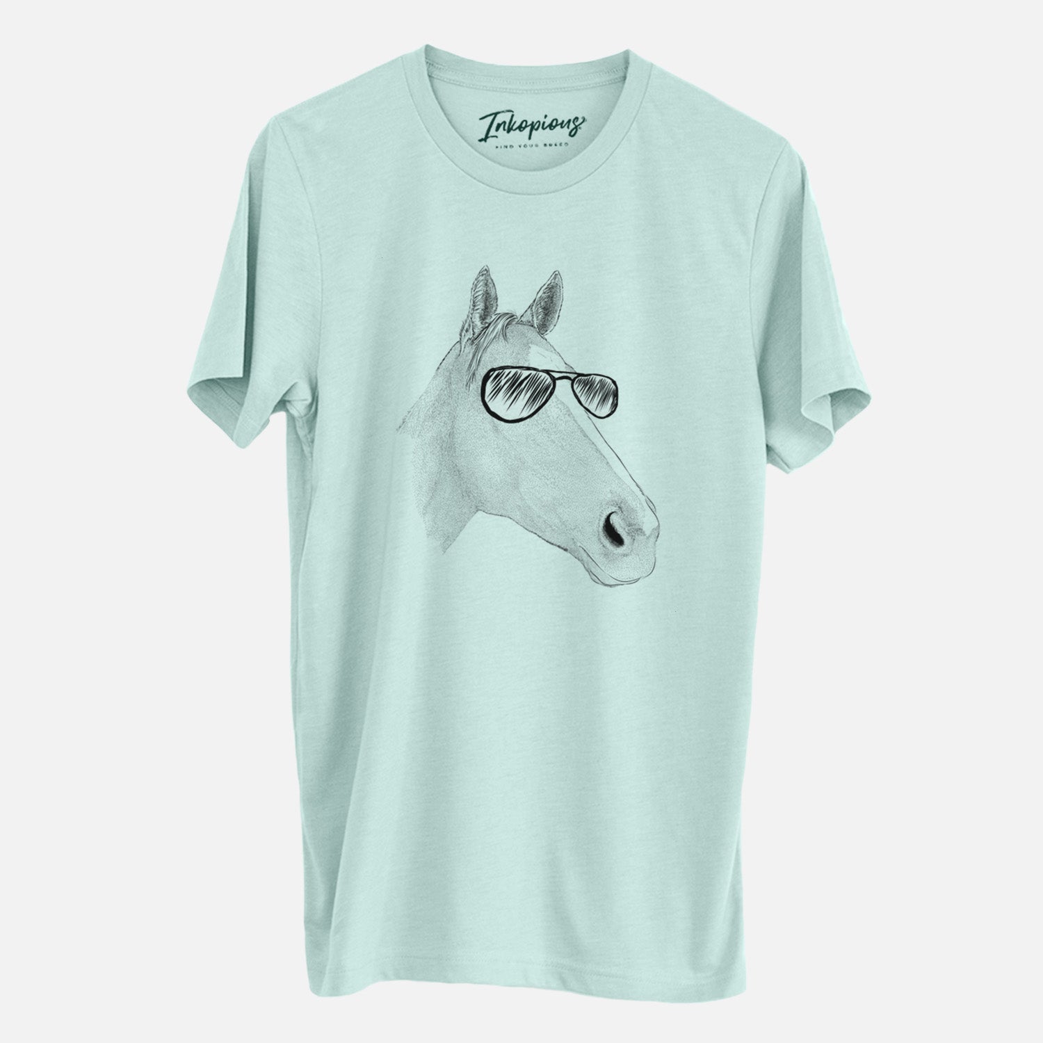 Hand-drawn sketch of Westley the Horse wearing aviator sunglasses on a Heather Sage Unisex crewneck