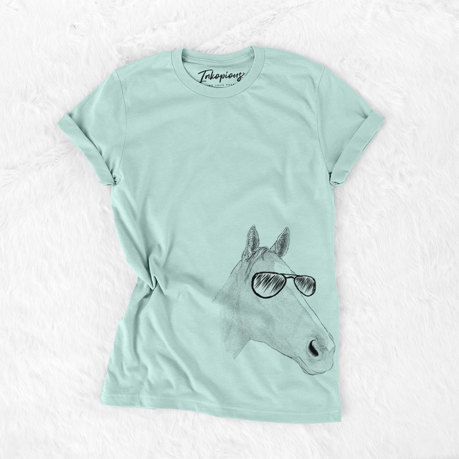Hand-drawn sketch of Westley the Horse wearing aviator sunglasses on a Heather Sage Unisex crewneck