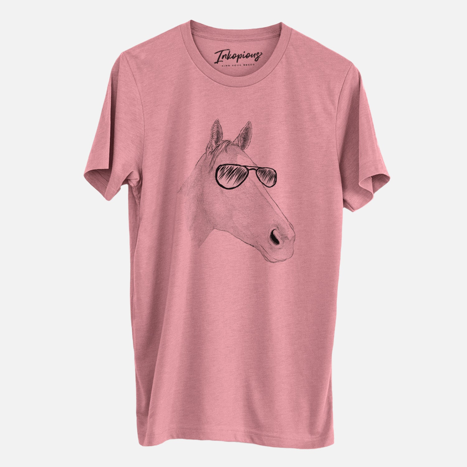 Hand-drawn sketch of Westley the Horse wearing aviator sunglasses on a Mauve Unisex crewneck