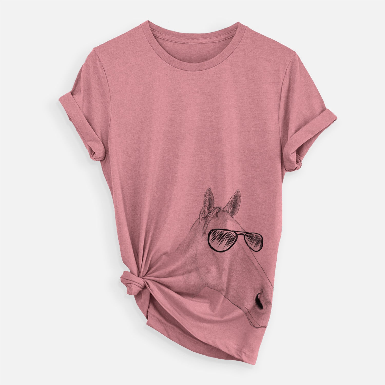 Hand-drawn sketch of Westley the Horse wearing aviator sunglasses on a Mauve Unisex crewneck