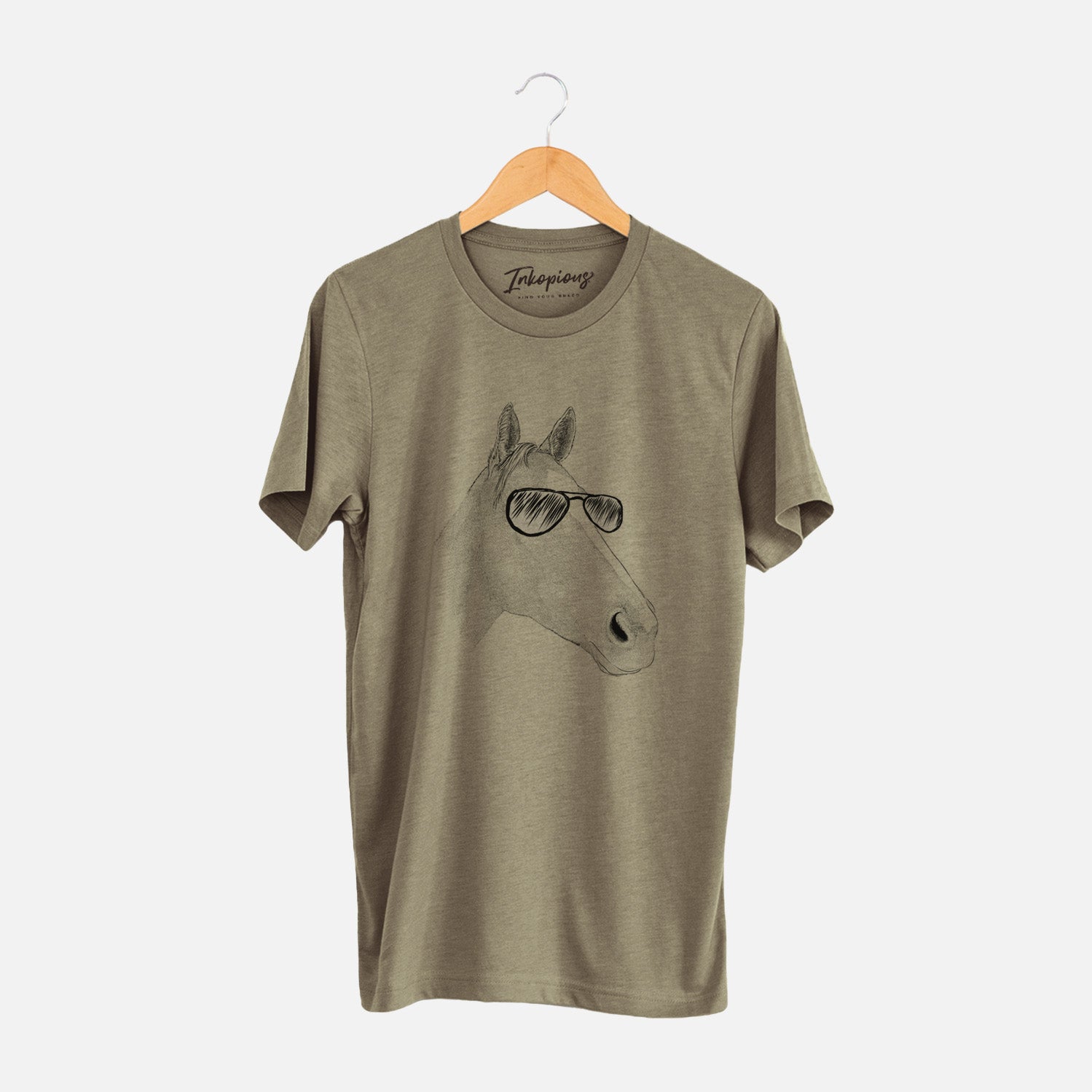 Hand-drawn sketch of Westley the Horse wearing aviator sunglasses on an Olive Unisex crewneck