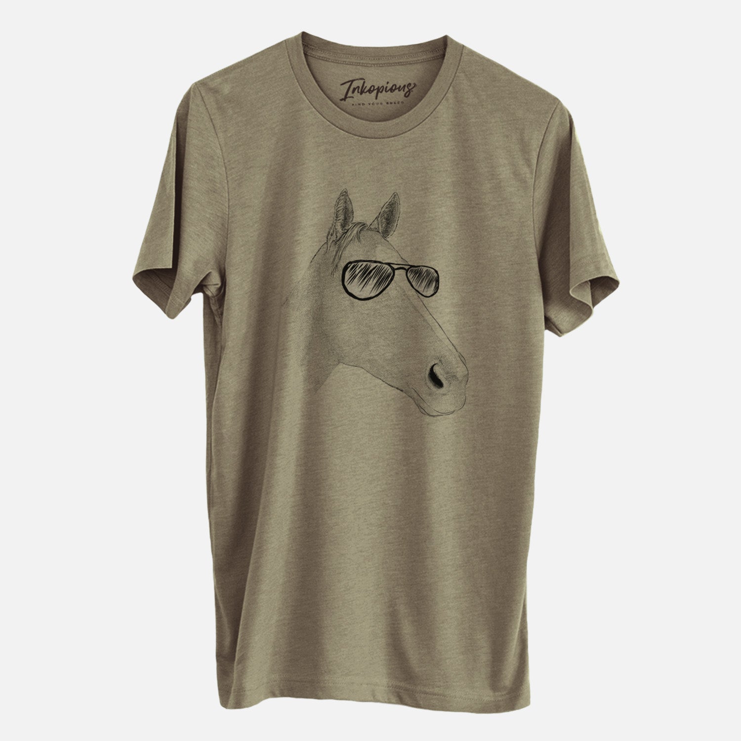 Hand-drawn sketch of Westley the Horse wearing aviator sunglasses on an Olive Unisex crewneck