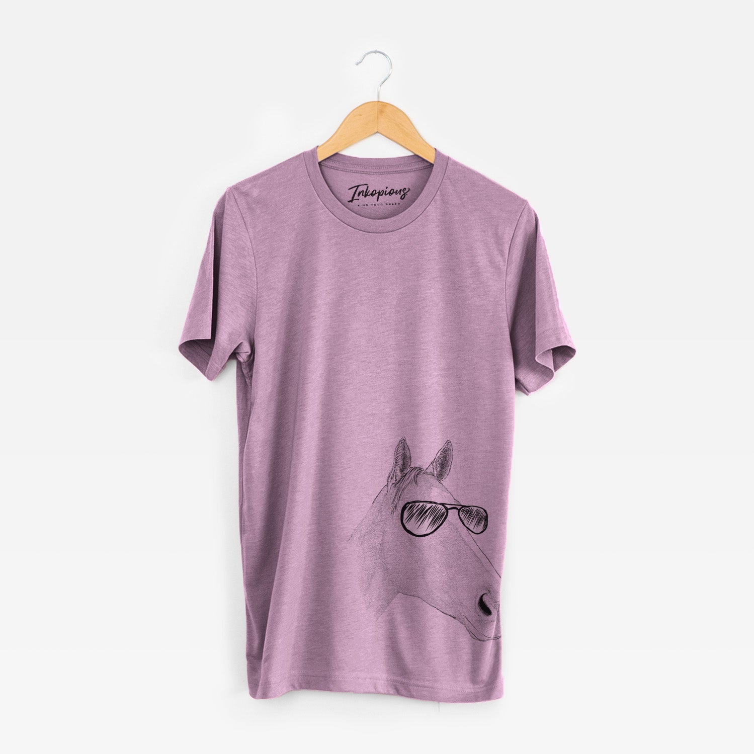 Hand-drawn sketch of Westley the Horse wearing aviator sunglasses on an Orchid Unisex crewneck