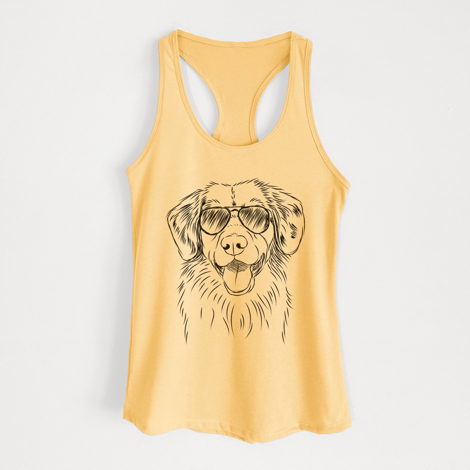 Hand-drawn sketch of Weston the Nova Scotia Duck Tolling Retriever wearing aviator sunglasses on a Banana Cream Women's racerback tanktop