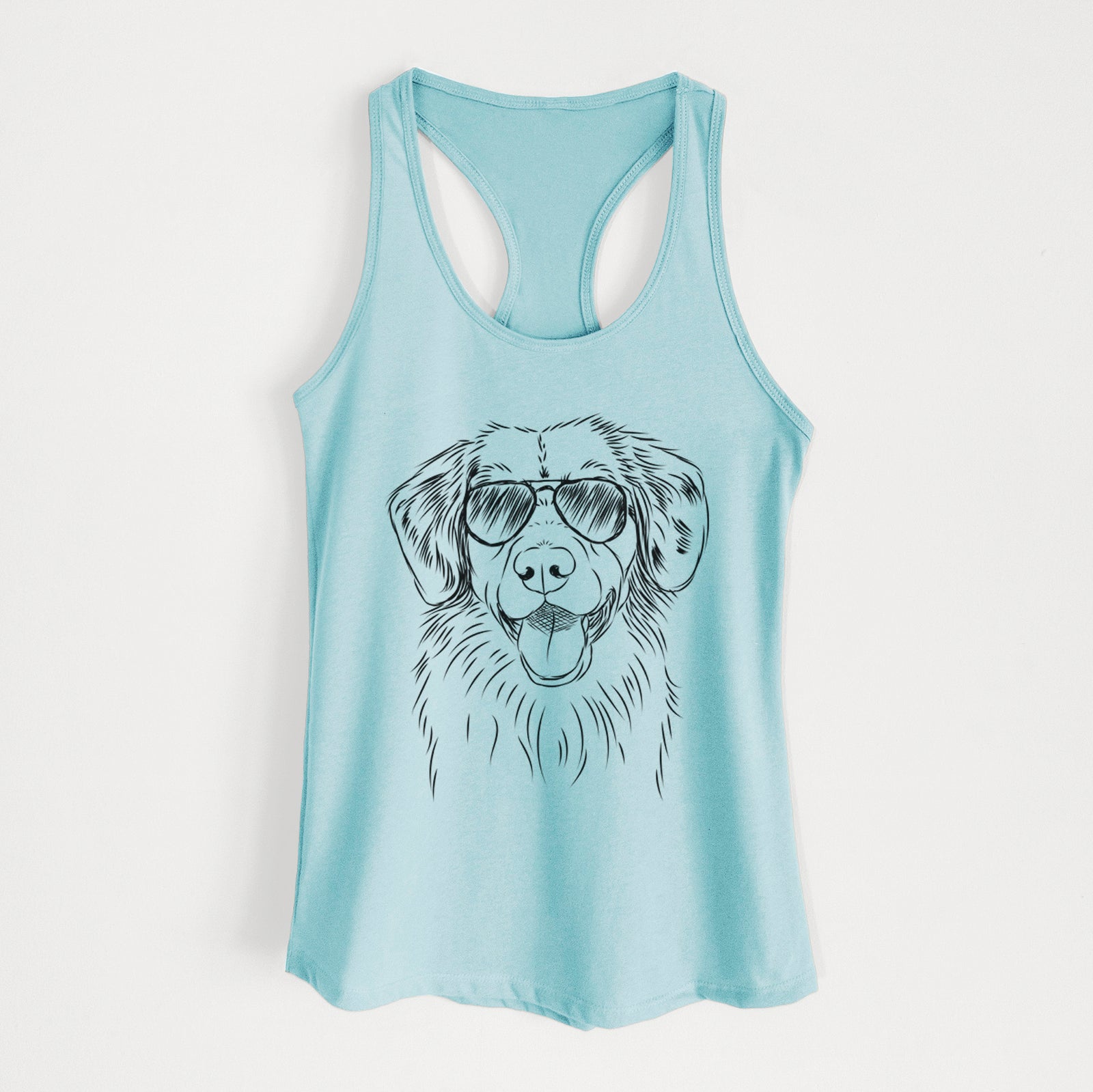 Hand-drawn sketch of Weston the Nova Scotia Duck Tolling Retriever wearing aviator sunglasses on a Cancun Blue Women's racerback tanktop