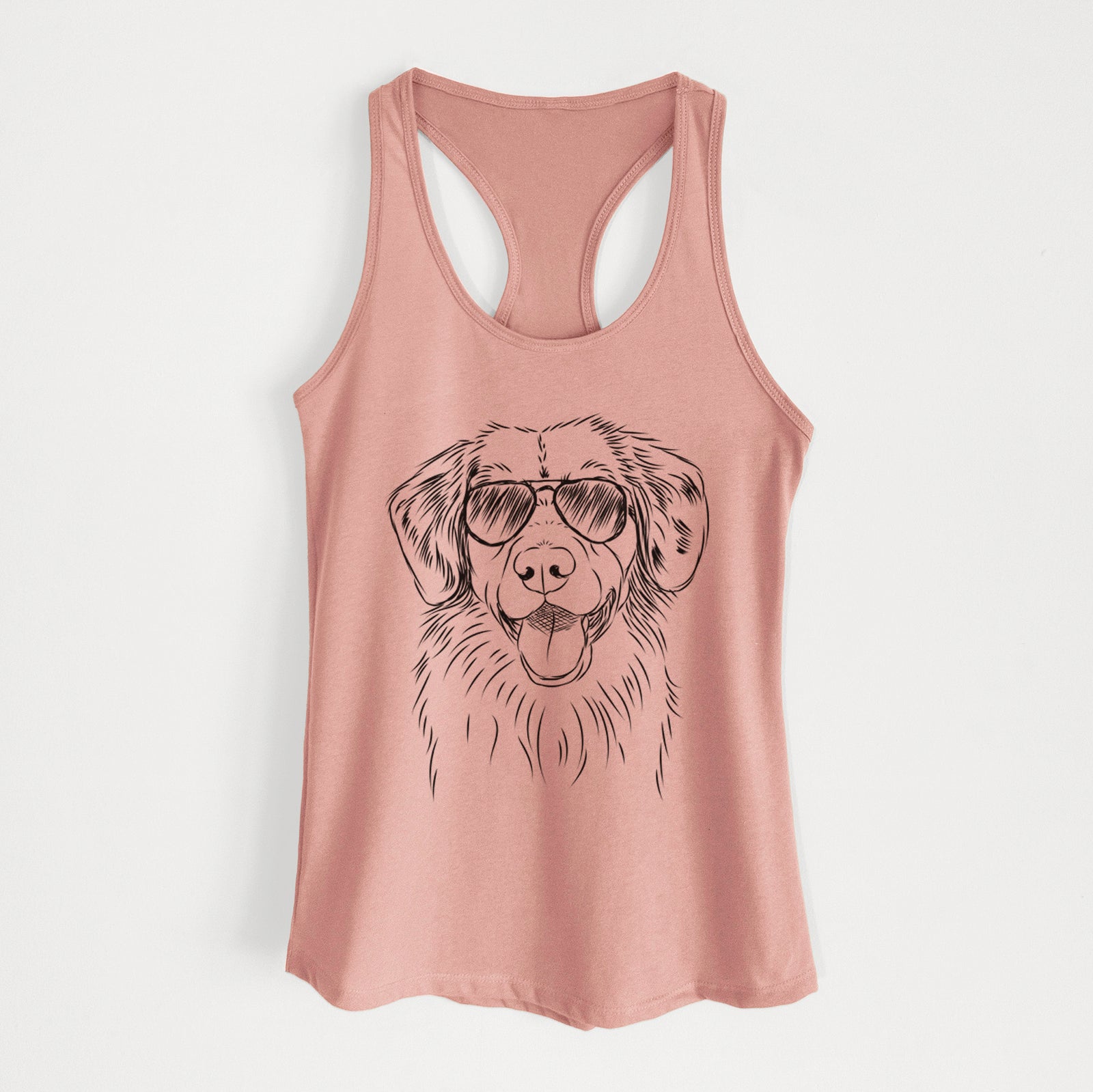 Hand-drawn sketch of Weston the Nova Scotia Duck Tolling Retriever wearing aviator sunglasses on a Desert Pink Women's racerback tanktop