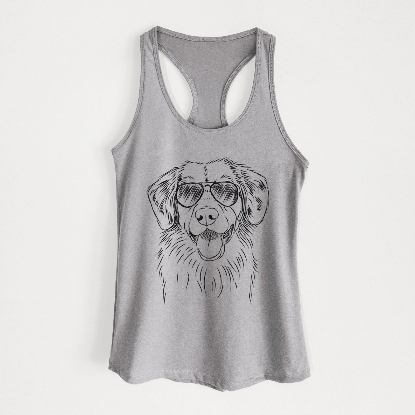 Hand-drawn sketch of Weston the Nova Scotia Duck Tolling Retriever wearing aviator sunglasses on a Heather Grey Women's racerback tanktop
