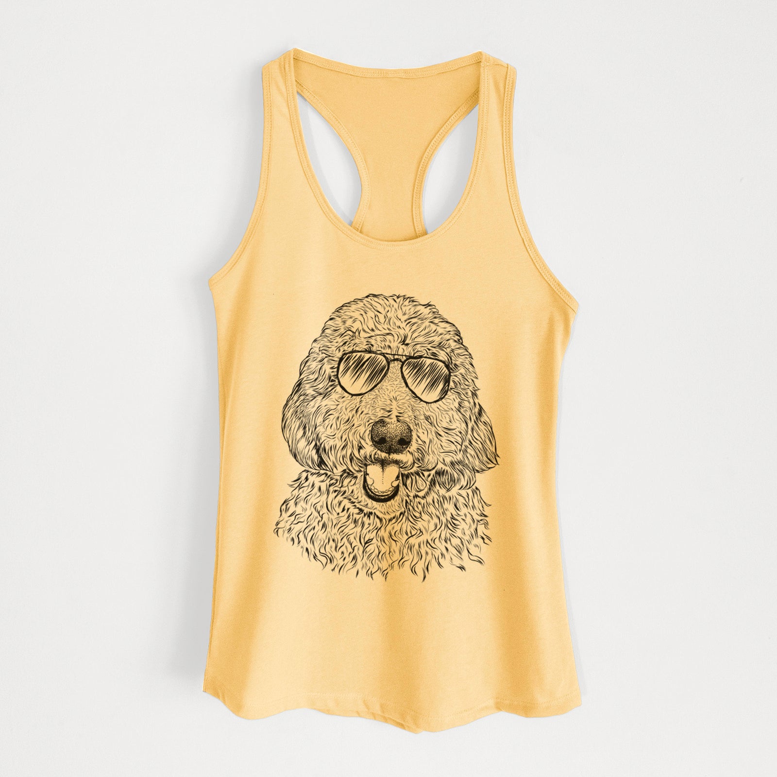 Hand-drawn sketch of Whisper the Goldendoodle wearing aviator sunglasses on a Banana Cream Women's racerback tanktop