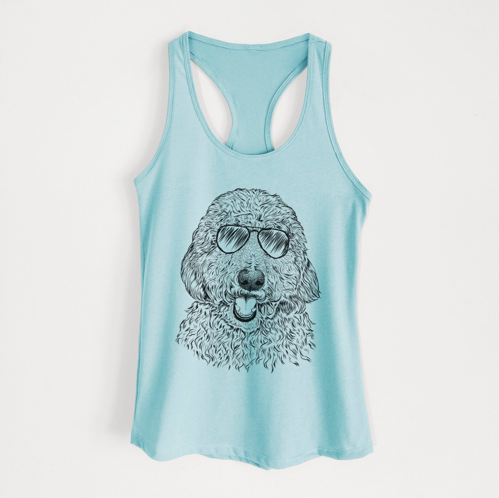 Hand-drawn sketch of Whisper the Goldendoodle wearing aviator sunglasses on a Cancun Blue Women's racerback tanktop