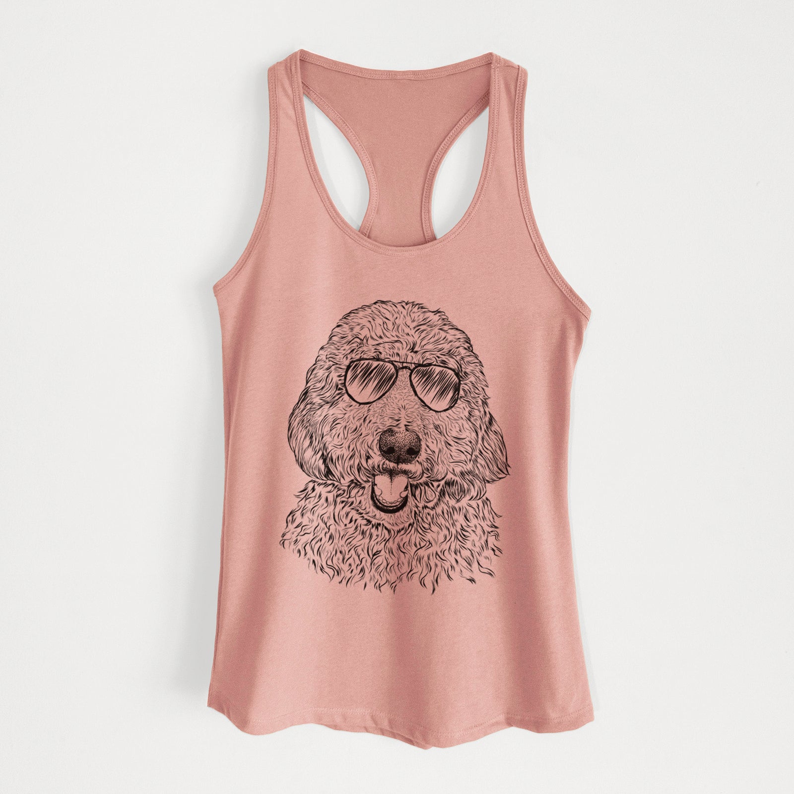 Hand-drawn sketch of Whisper the Goldendoodle wearing aviator sunglasses on a Desert Pink Women's racerback tanktop