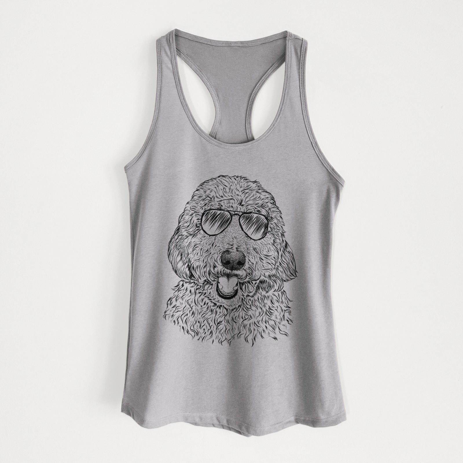 Hand-drawn sketch of Whisper the Goldendoodle wearing aviator sunglasses on a Heather Grey Women's racerback tanktop