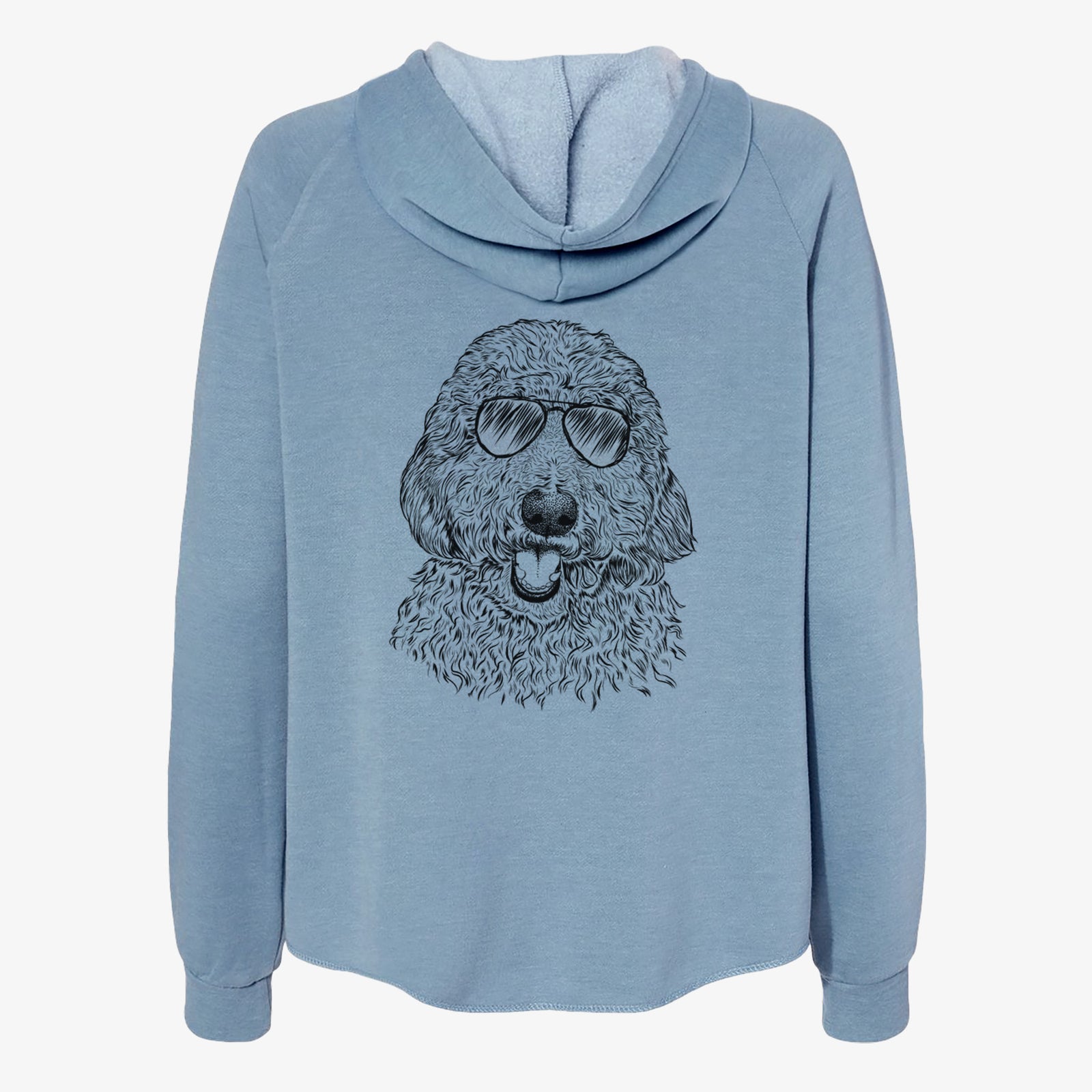 Hand-drawn sketch of Whisper the Goldendoodle wearing aviator sunglasses on a Misty Blue Women's cali wave zip-up sweatshirt