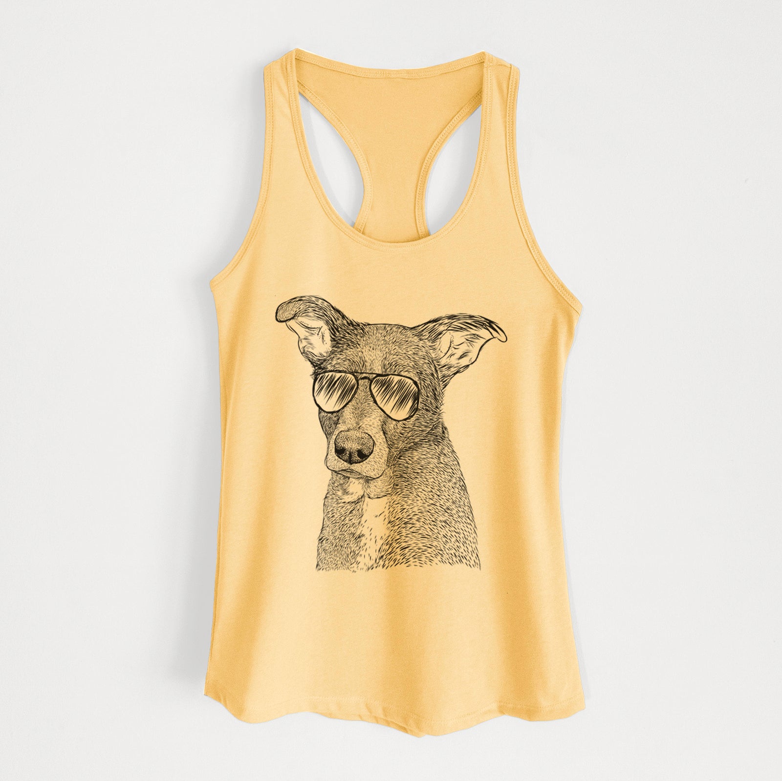 Hand-drawn sketch of Wilbur the Shepherd Mix wearing aviator sunglasses on a Banana Cream Women's racerback tanktop