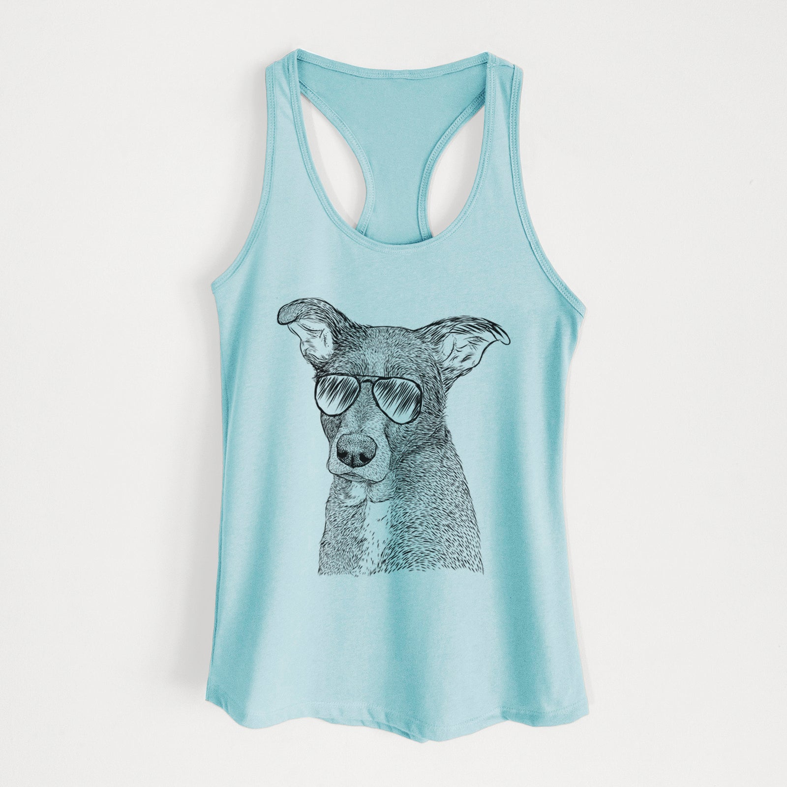 Hand-drawn sketch of Wilbur the Shepherd Mix wearing aviator sunglasses on a Cancun Blue Women's racerback tanktop