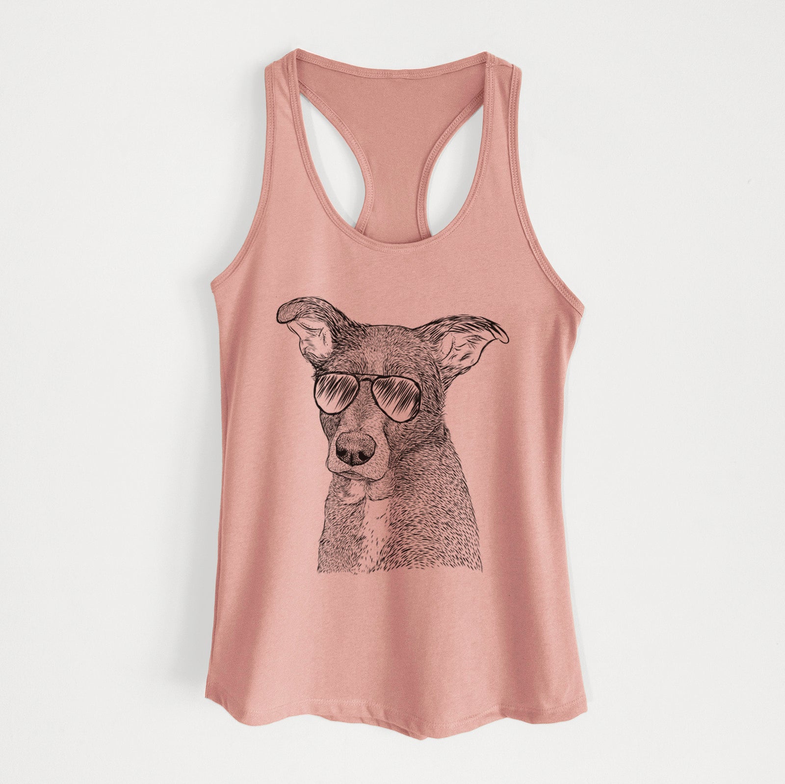 Hand-drawn sketch of Wilbur the Shepherd Mix wearing aviator sunglasses on a Desert Pink Women's racerback tanktop