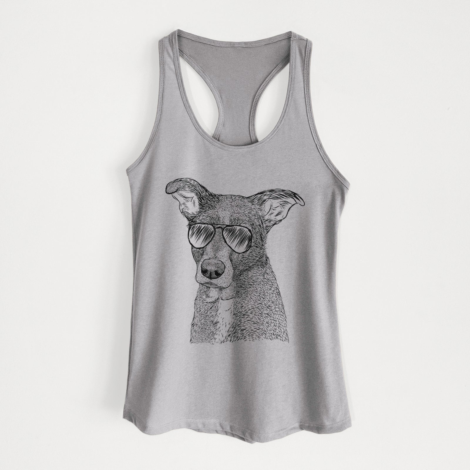 Hand-drawn sketch of Wilbur the Shepherd Mix wearing aviator sunglasses on a Heather Grey Women's racerback tanktop