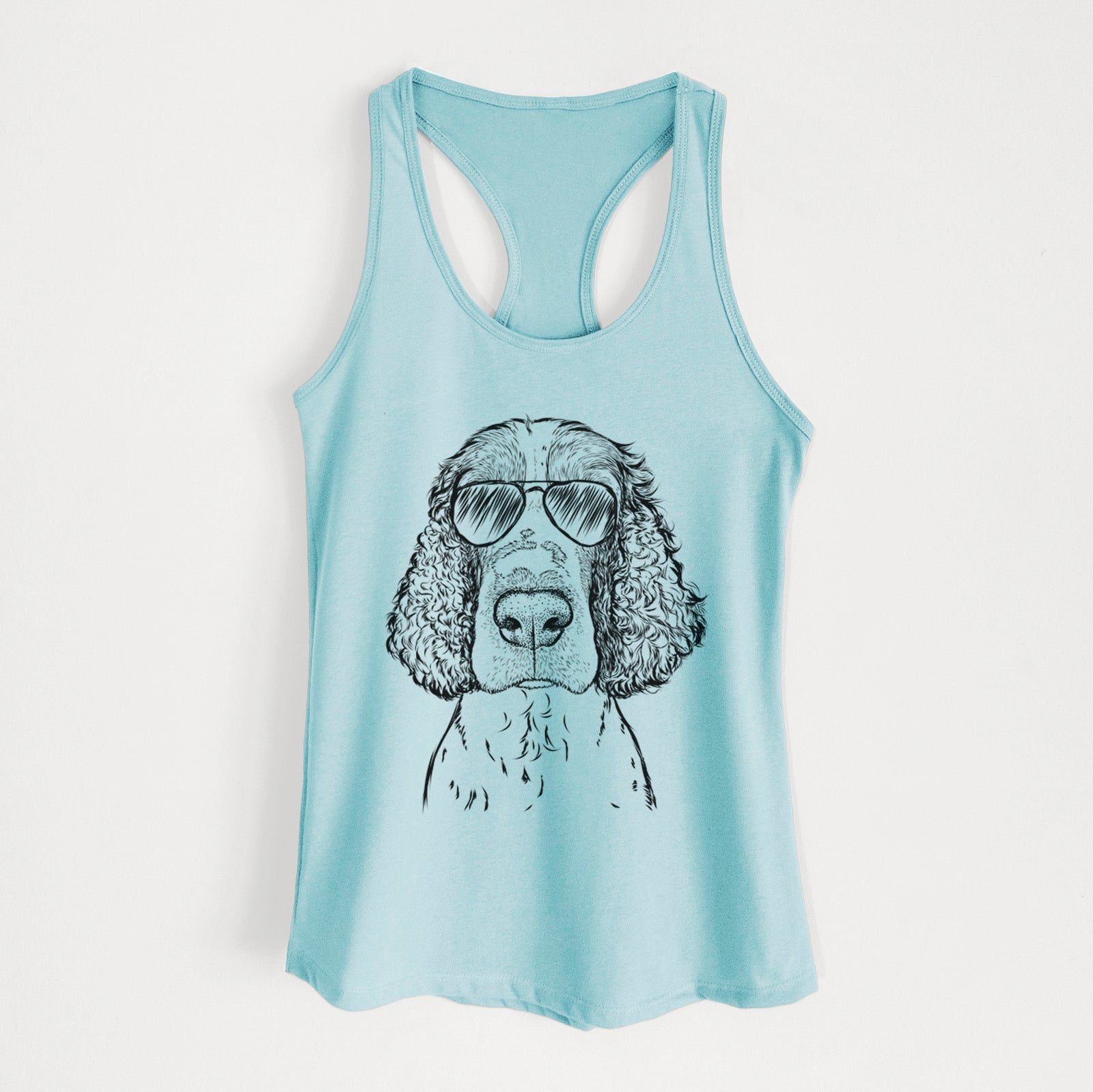 Hand-drawn sketch of Wilbur the English Springer Spaniel wearing aviator sunglasses on a Cancun Blue Women's racerback tanktop
