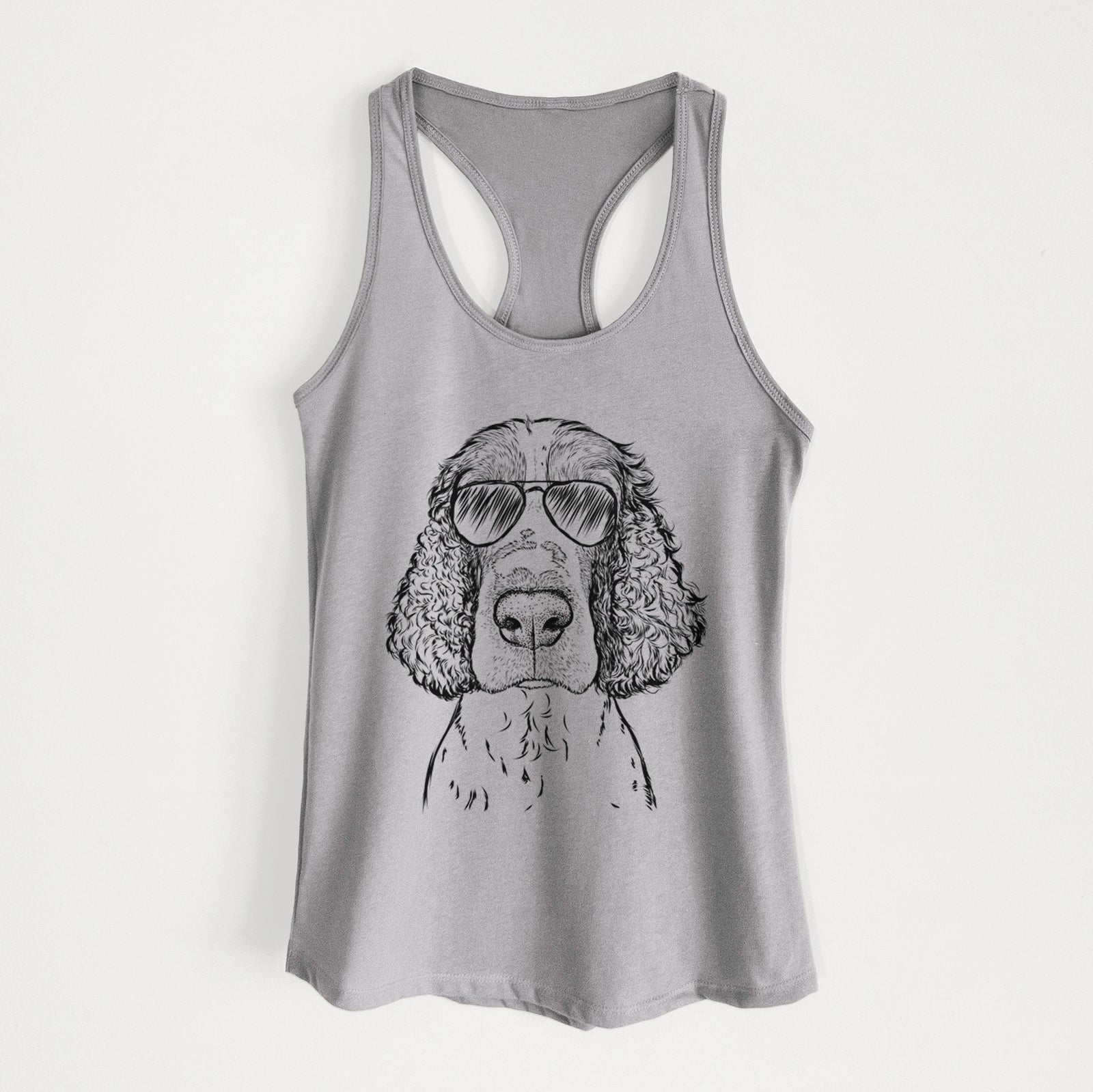 Hand-drawn sketch of Wilbur the English Springer Spaniel wearing aviator sunglasses on a Heather Grey Women's racerback tanktop
