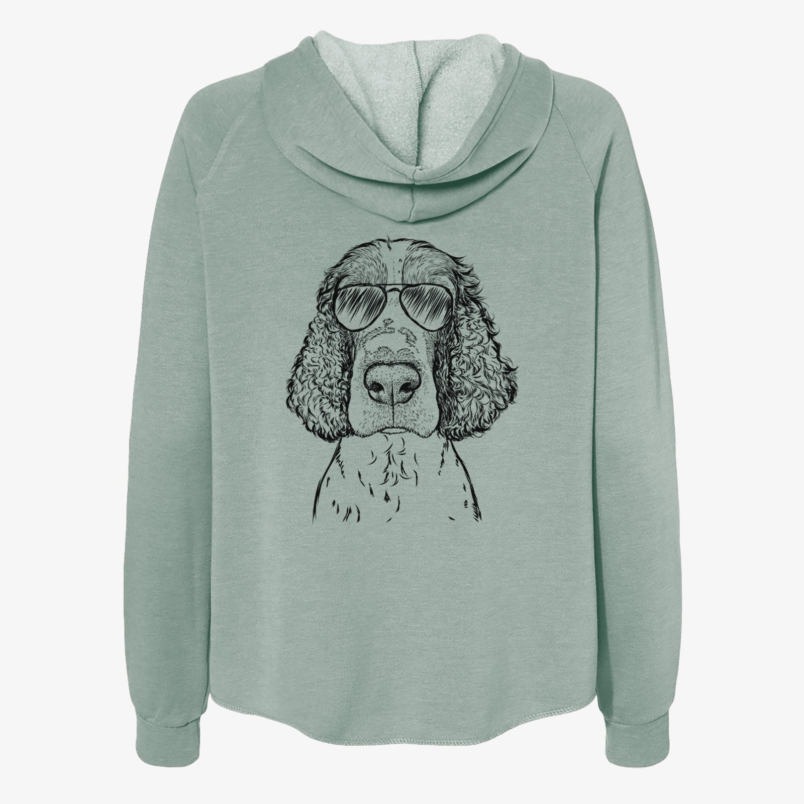 Hand-drawn sketch of Wilbur the English Springer Spaniel wearing aviator sunglasses on a Sage Women's cali wave zip-up sweatshirt