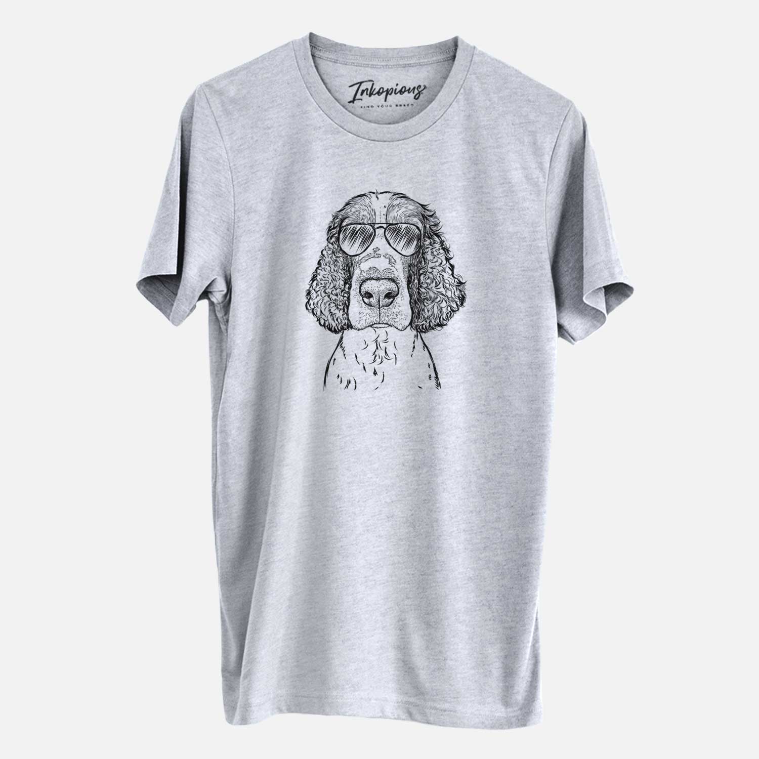 Hand-drawn sketch of Wilbur the English Springer Spaniel wearing aviator sunglasses on a Grey Unisex crewneck