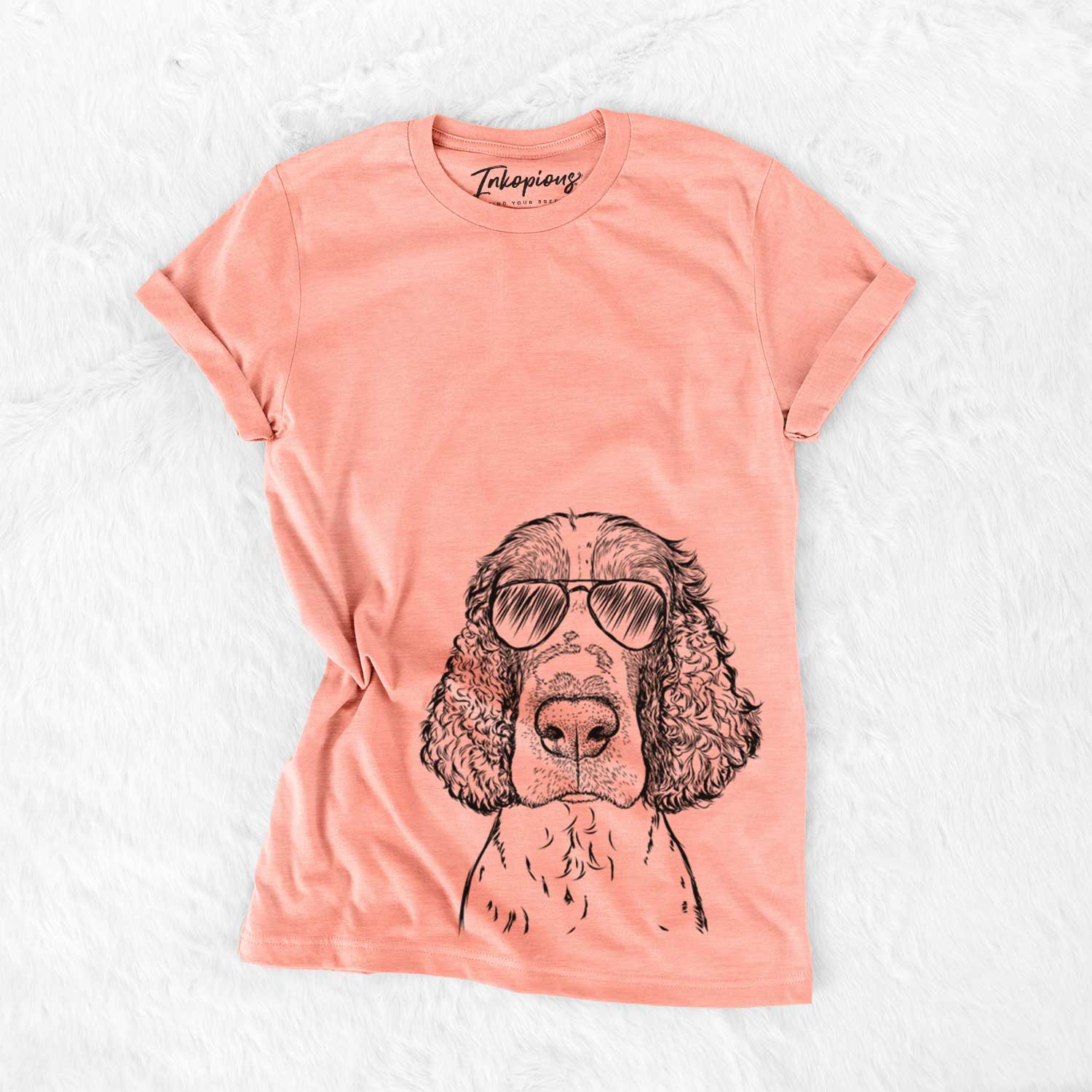 Hand-drawn sketch of Wilbur the English Springer Spaniel wearing aviator sunglasses on a Sunset Bella Canvas Unisex Crewneck