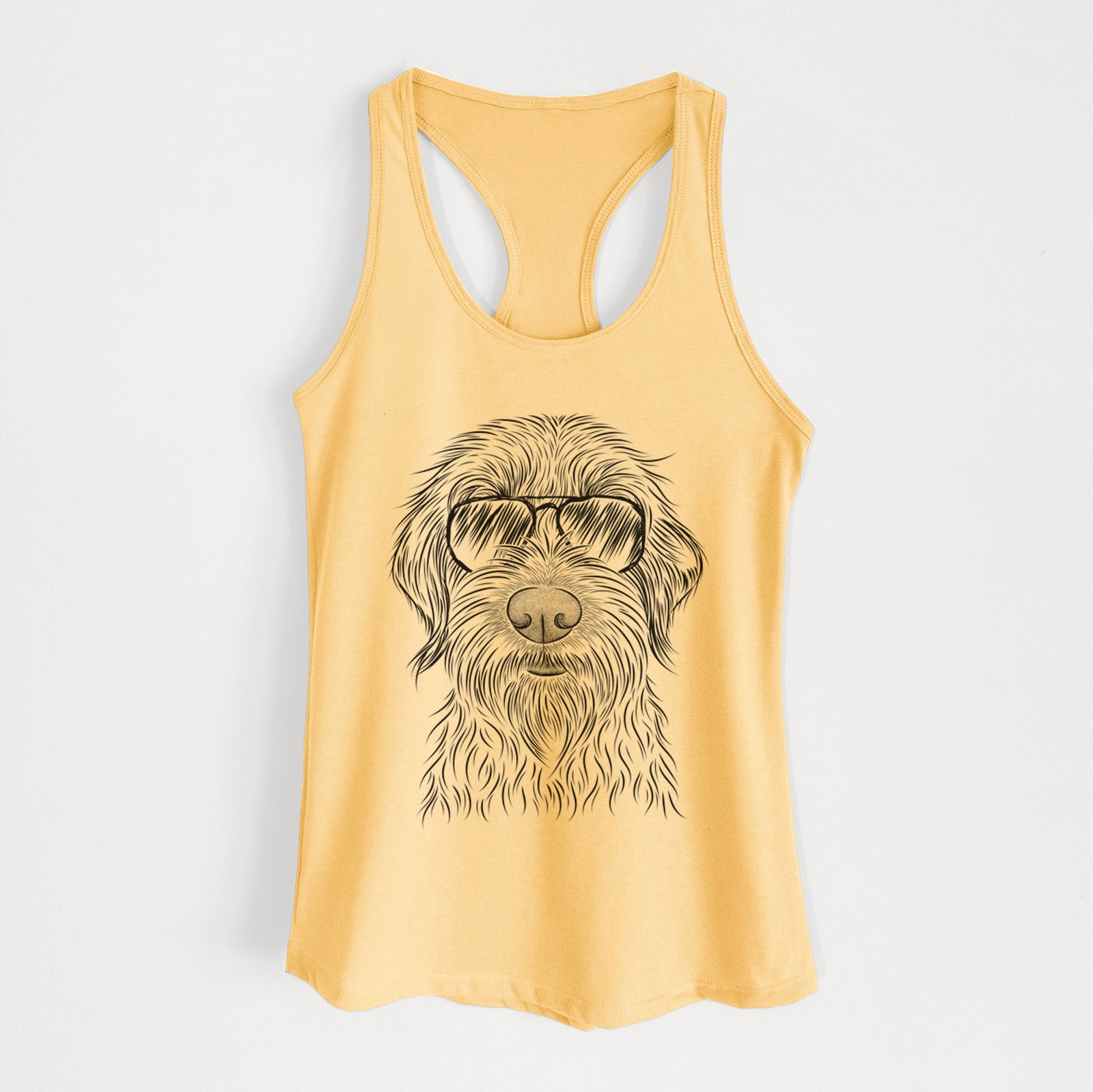 Hand-drawn sketch of Wilkins the Wirehaired Pointing Griffon wearing aviator sunglasses on a Banana Cream Women's racerback tanktop