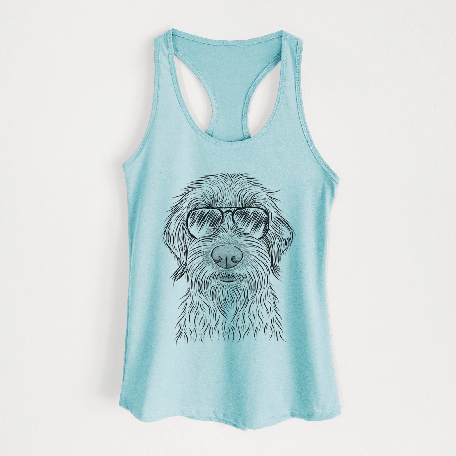 Hand-drawn sketch of Wilkins the Wirehaired Pointing Griffon wearing aviator sunglasses on a Cancun Blue Women's racerback tanktop