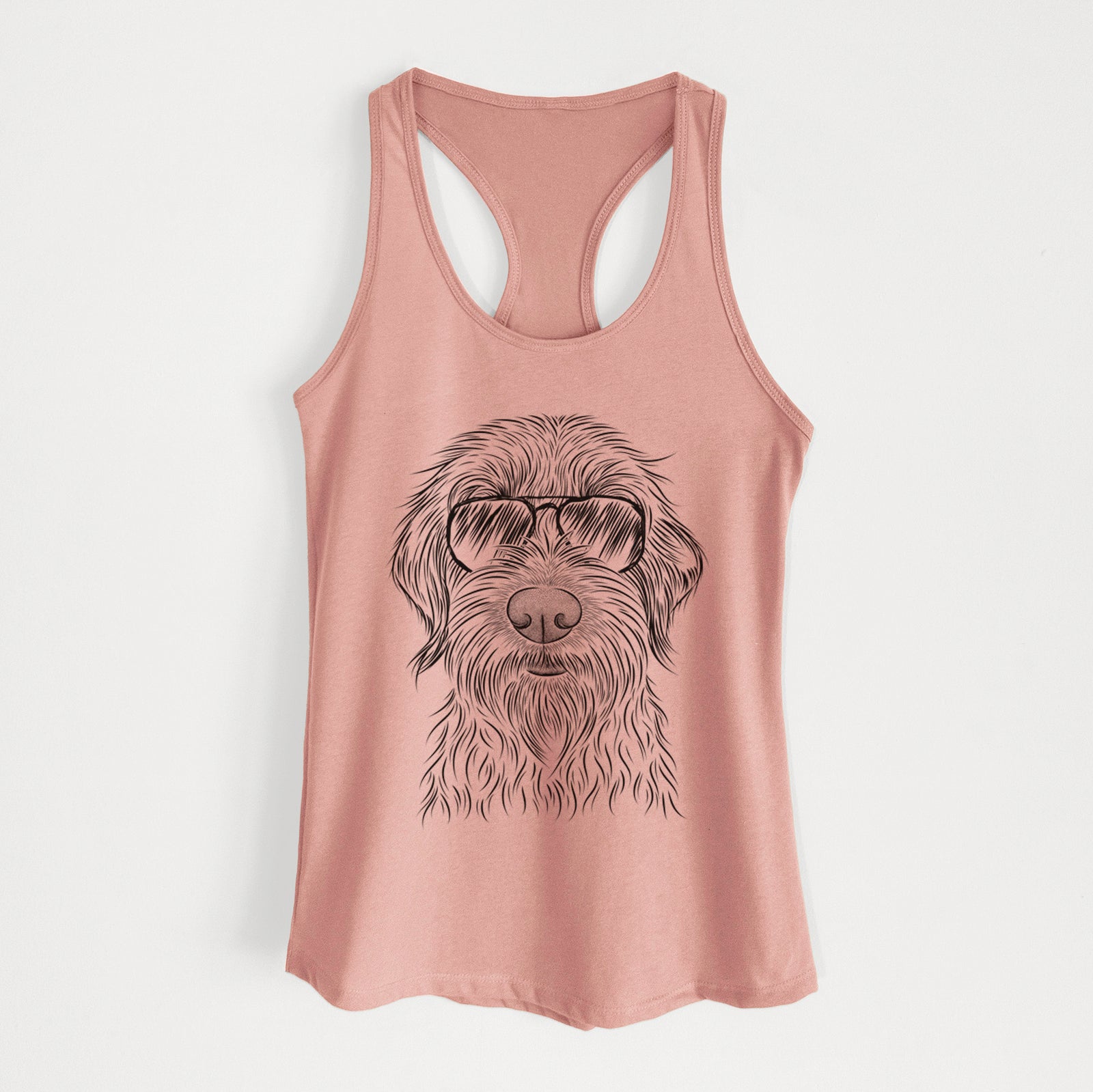 Hand-drawn sketch of Wilkins the Wirehaired Pointing Griffon wearing aviator sunglasses on a Desert Pink Women's racerback tanktop