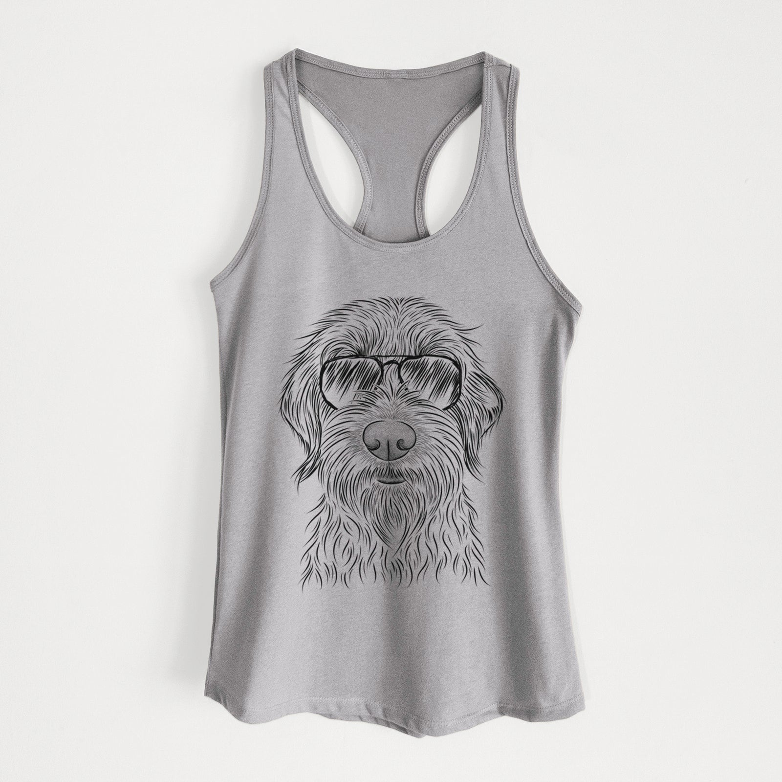 Hand-drawn sketch of Wilkins the Wirehaired Pointing Griffon wearing aviator sunglasses on a Heather Grey Women's racerback tanktop