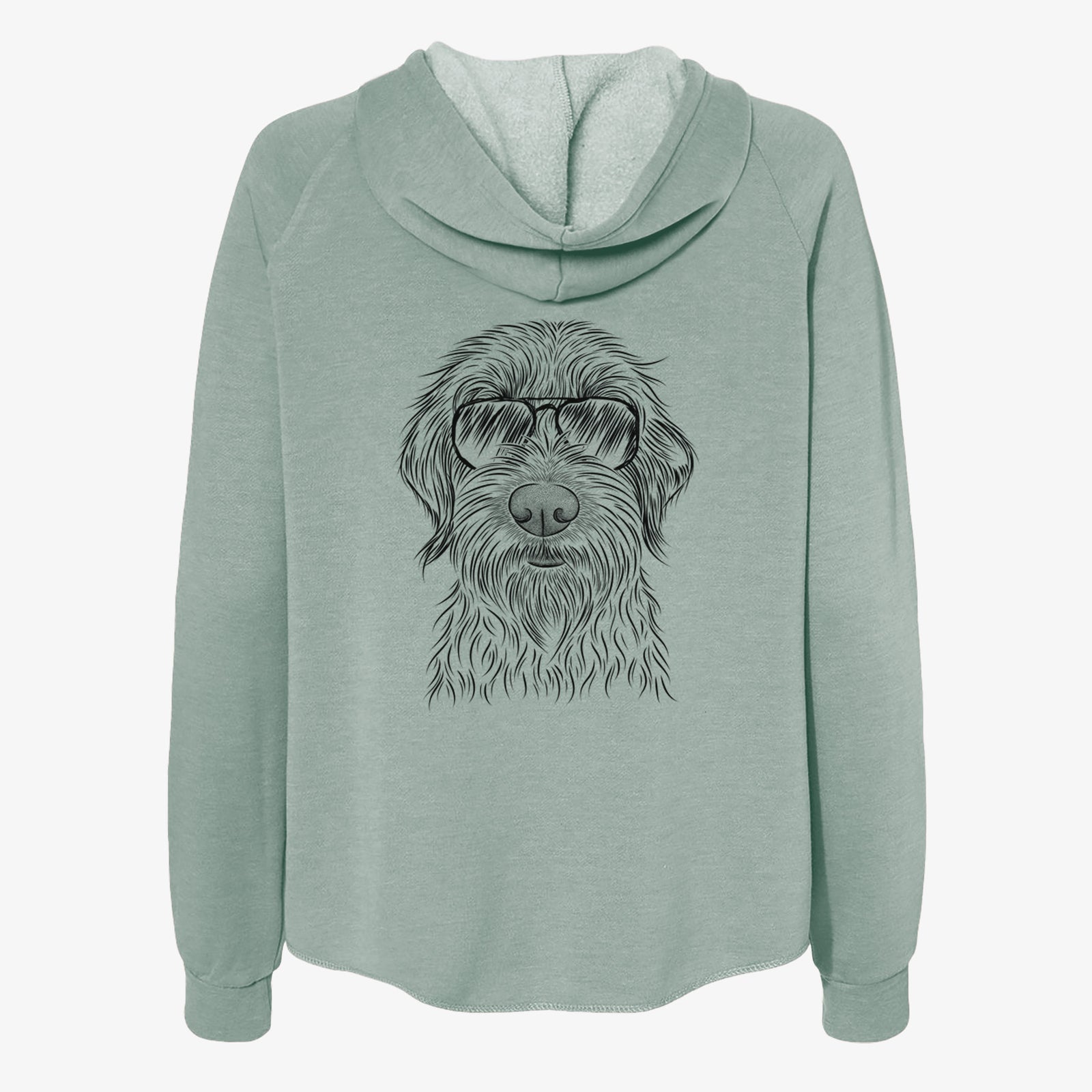 Hand-drawn sketch of Wilkins the Wirehaired Pointing Griffon wearing aviator sunglasses on a Sage Women's cali wave zip-up sweatshirt