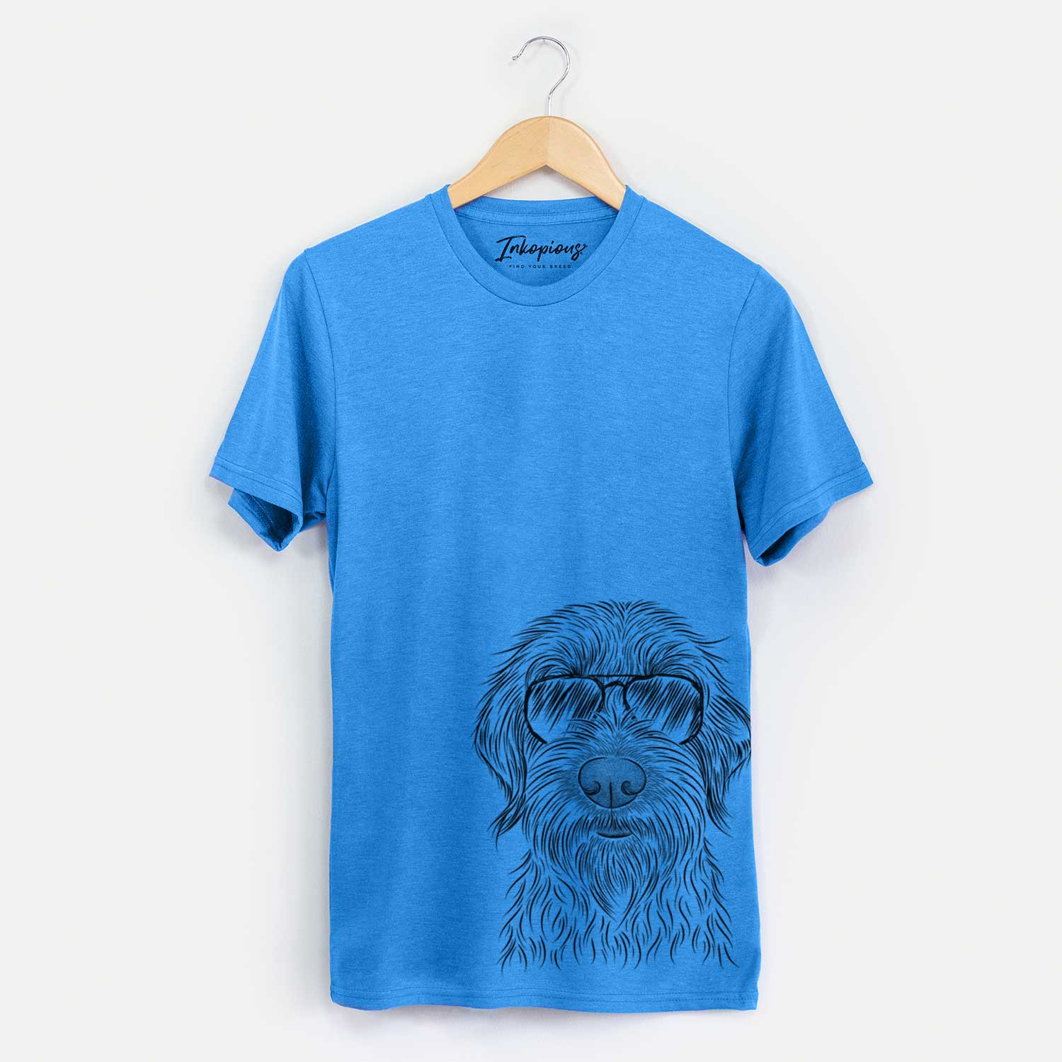 Hand-drawn sketch of Wilkins the Wirehaired Pointing Griffon wearing aviator sunglasses on a Blue Unisex crewneck