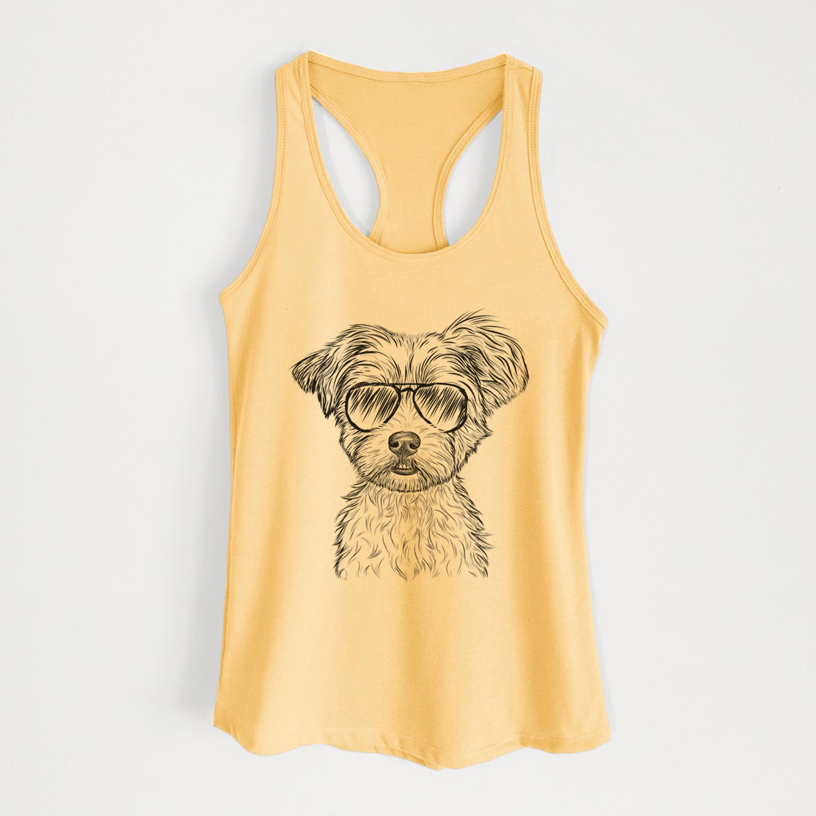 Hand-drawn sketch of William Mitchell Newman the Yorkshire Terrier wearing aviator sunglasses on a Banana Cream Women's racerback tanktop