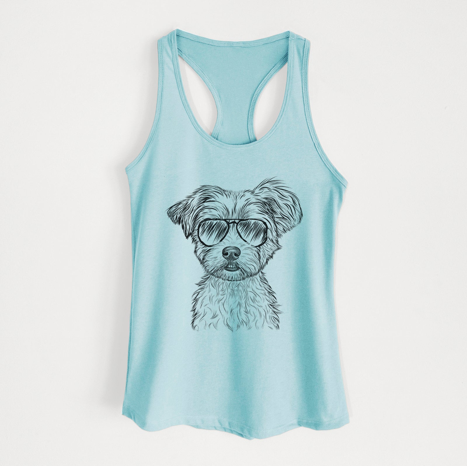Hand-drawn sketch of William Mitchell Newman the Yorkshire Terrier wearing aviator sunglasses on a Cancun Blue Women's racerback tanktop