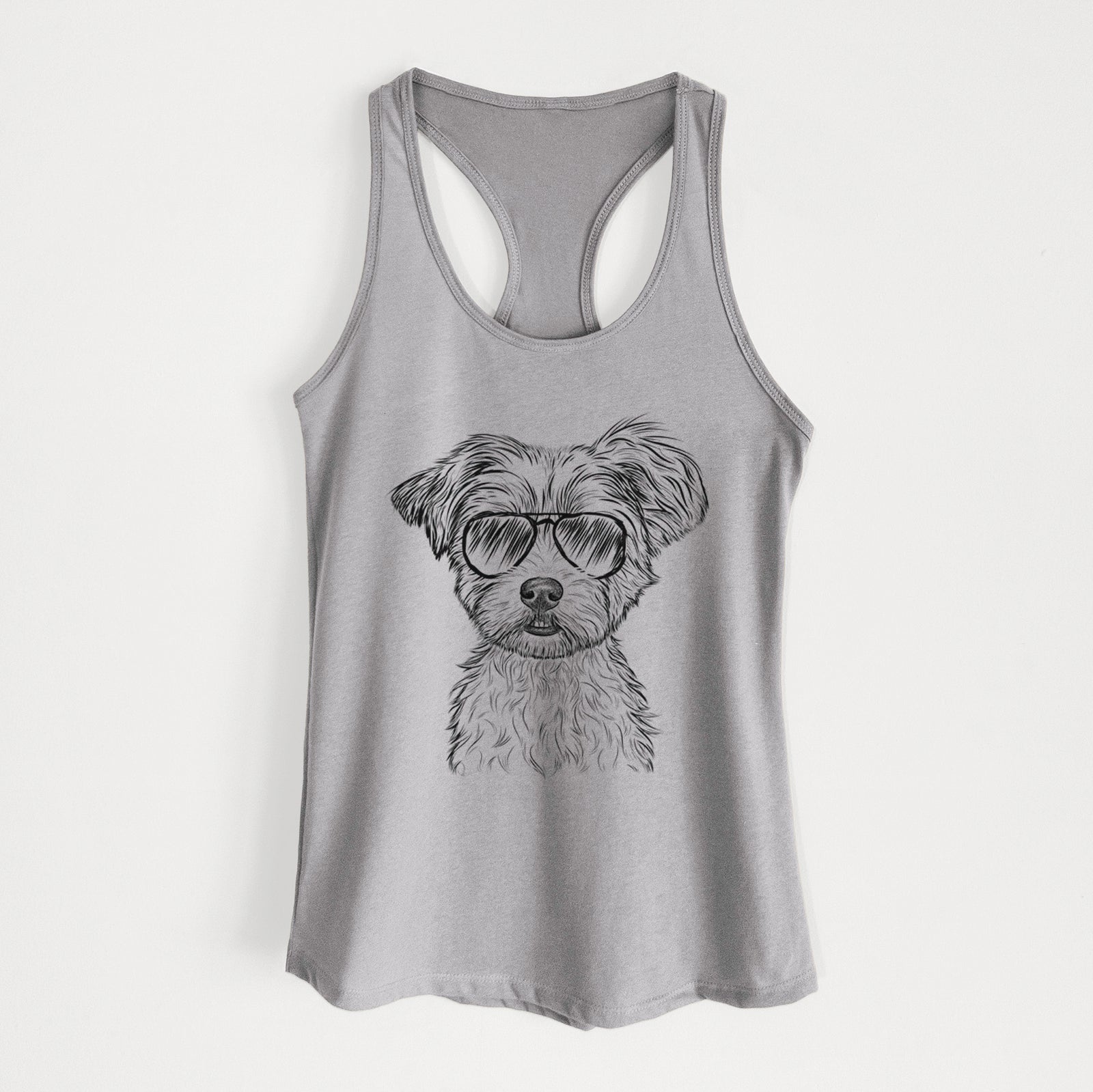 Hand-drawn sketch of William Mitchell Newman the Yorkshire Terrier wearing aviator sunglasses on a Heather Grey Women's racerback tanktop