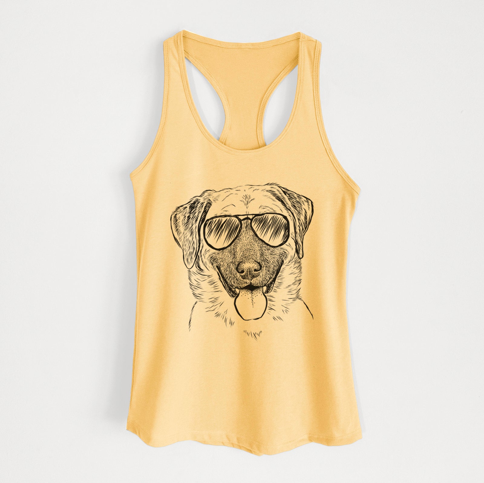 Hand-drawn sketch of Willow the Anatolian Shepherd wearing aviator sunglasses on a Banana Cream Women's racerback tanktop