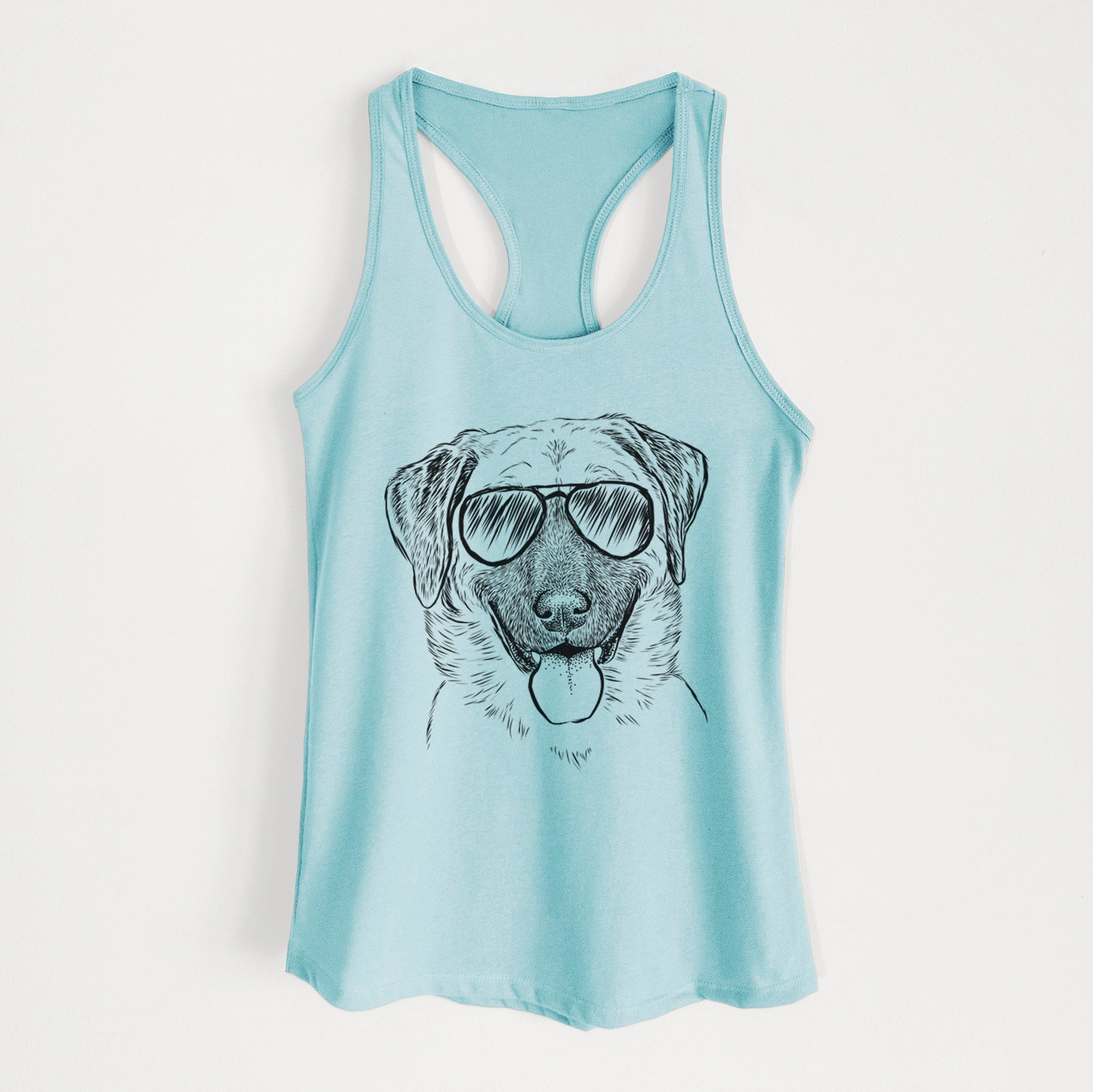 Hand-drawn sketch of Willow the Anatolian Shepherd wearing aviator sunglasses on a Cancun Blue Women's racerback tanktop