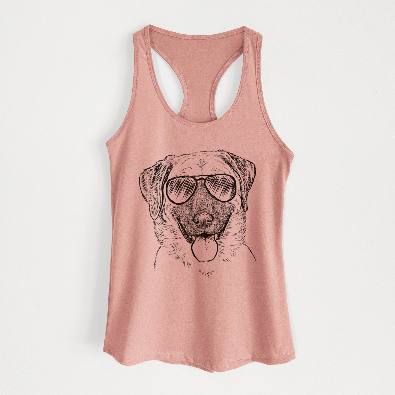 Hand-drawn sketch of Willow the Anatolian Shepherd wearing aviator sunglasses on a Desert Pink Women's racerback tanktop