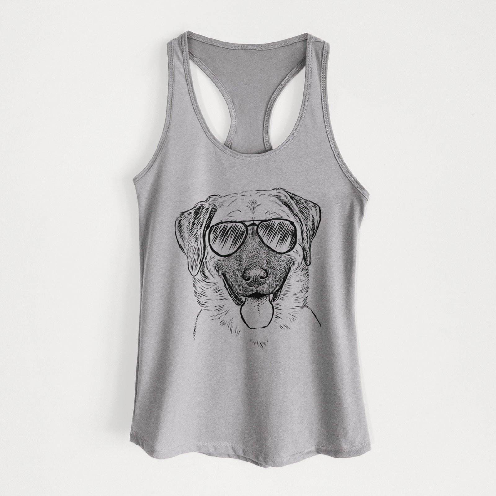 Hand-drawn sketch of Willow the Anatolian Shepherd wearing aviator sunglasses on a Heather Grey Women's racerback tanktop