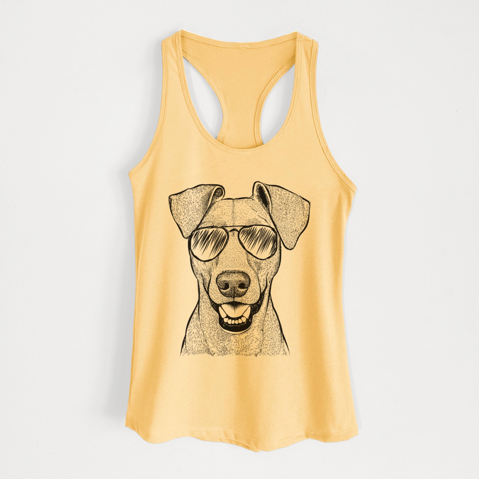 Hand-drawn sketch of Willow the German Pinscher wearing aviator sunglasses on a Banana Cream Women's racerback tanktop