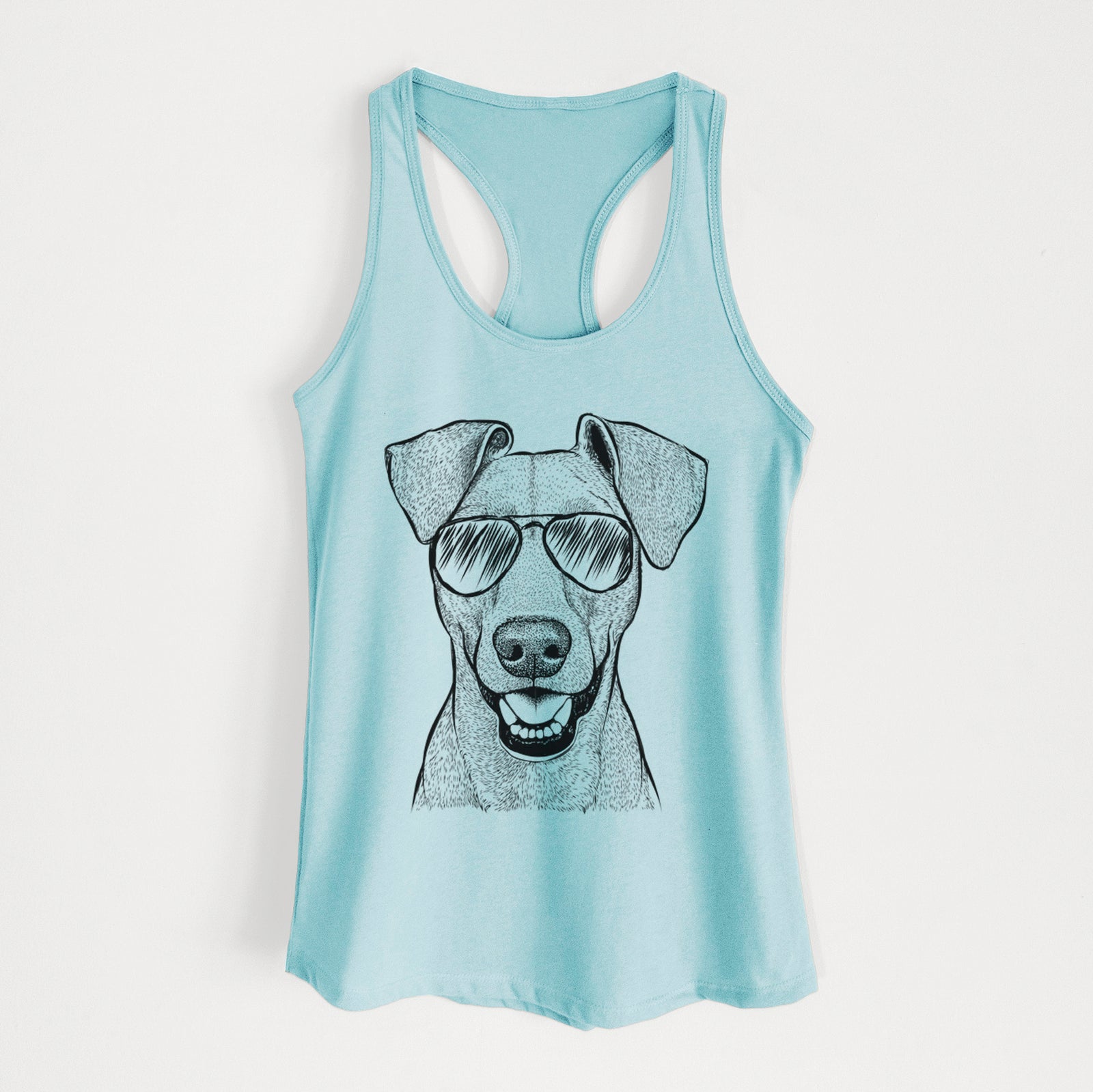 Hand-drawn sketch of Willow the German Pinscher wearing aviator sunglasses on a Cancun Blue Women's racerback tanktop