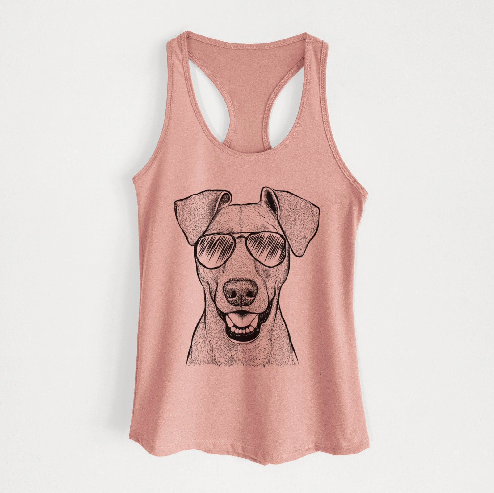 Hand-drawn sketch of Willow the German Pinscher wearing aviator sunglasses on a Desert Pink Women's racerback tanktop