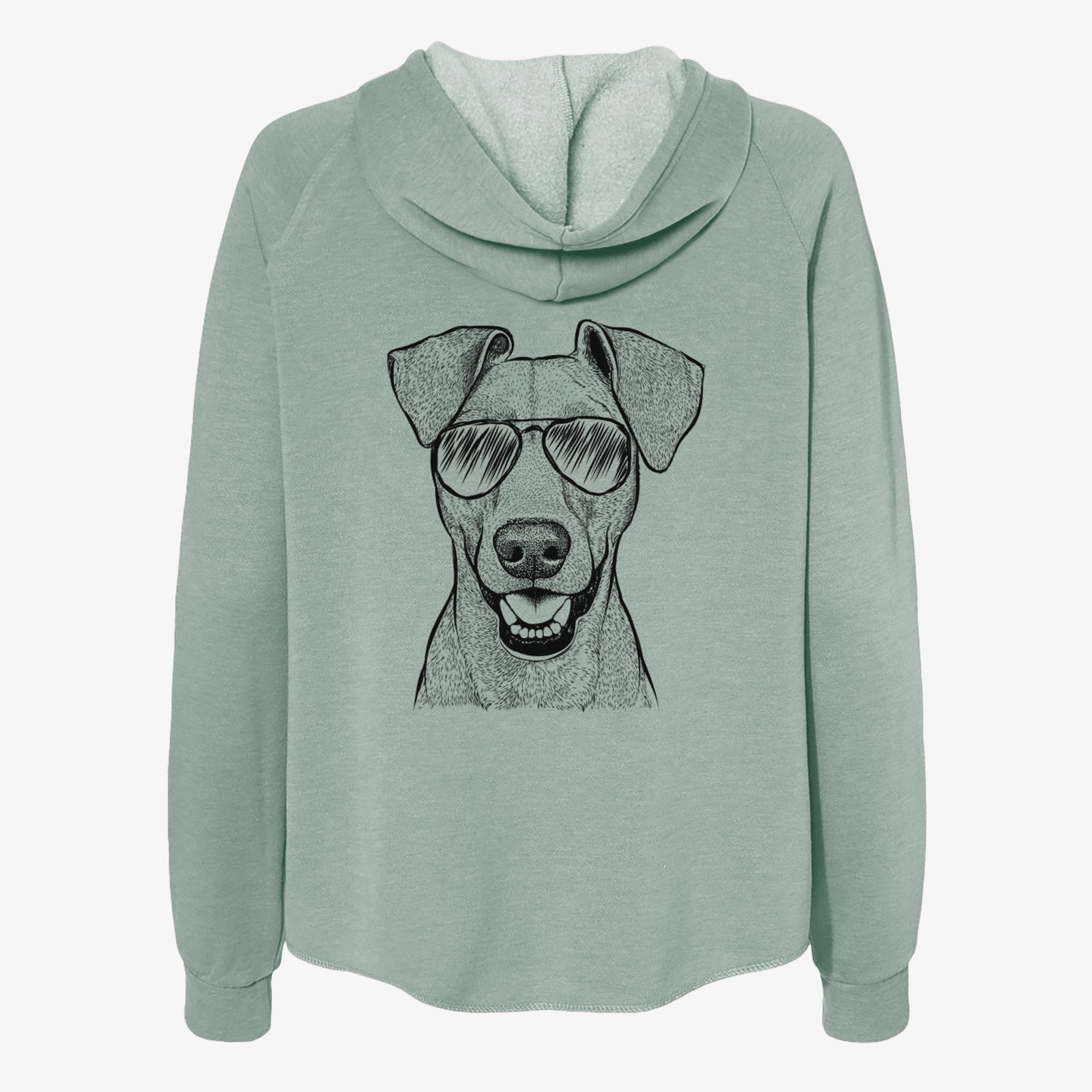 Hand-drawn sketch of Willow the German Pinscher wearing aviator sunglasses on a Sage Women's cali wave zip-up sweatshirt