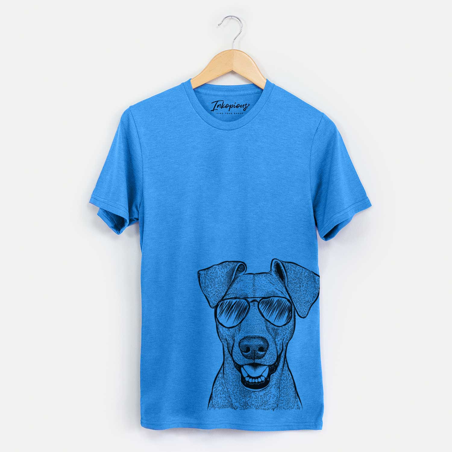 Hand-drawn sketch of Willow the German Pinscher wearing aviator sunglasses on a Blue Unisex crewneck