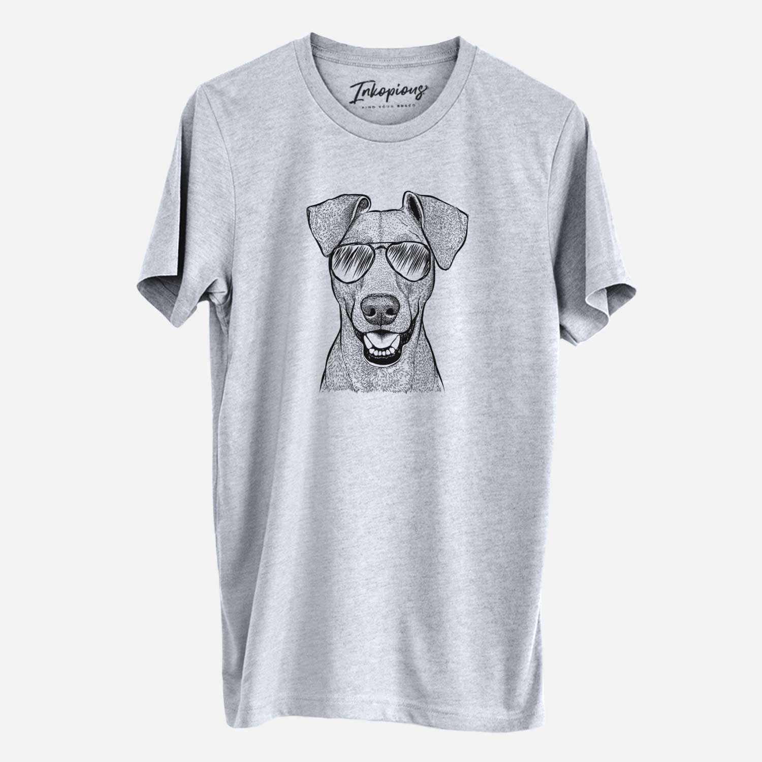 Hand-drawn sketch of Willow the German Pinscher wearing aviator sunglasses on a Grey Unisex crewneck