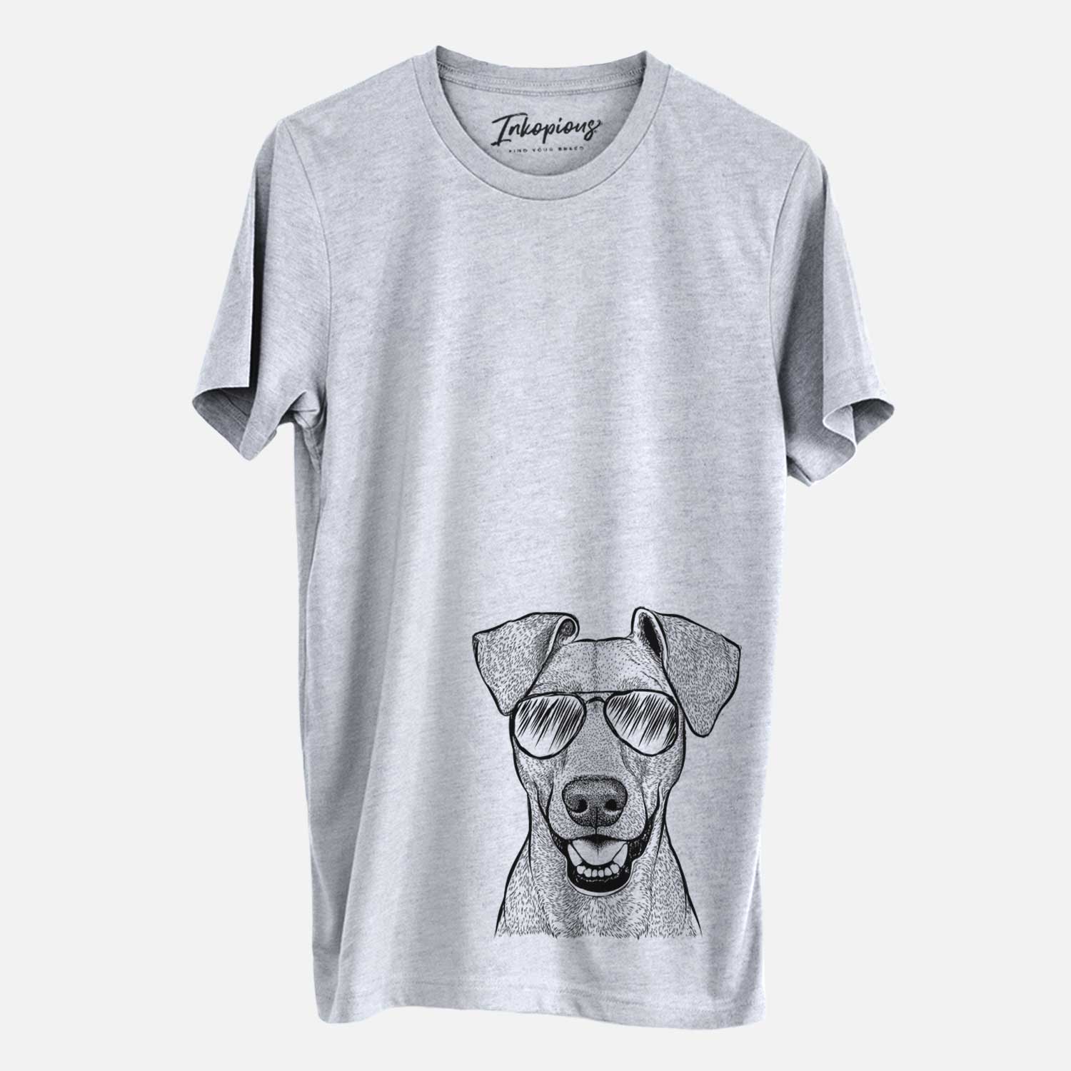 Hand-drawn sketch of Willow the German Pinscher wearing aviator sunglasses on a Grey Unisex crewneck