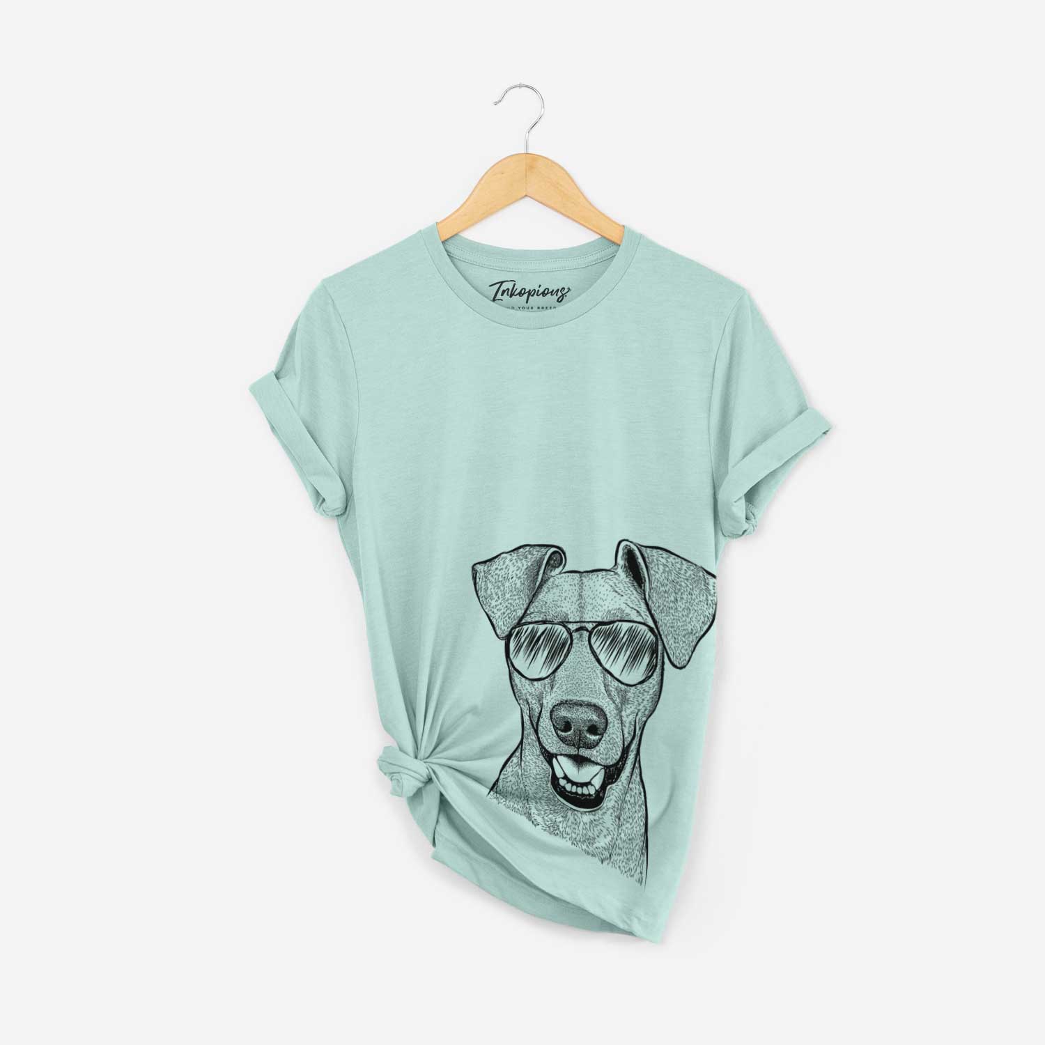 Hand-drawn sketch of Willow the German Pinscher wearing aviator sunglasses on a Heather Sage Bella Canvas Unisex Crewneck