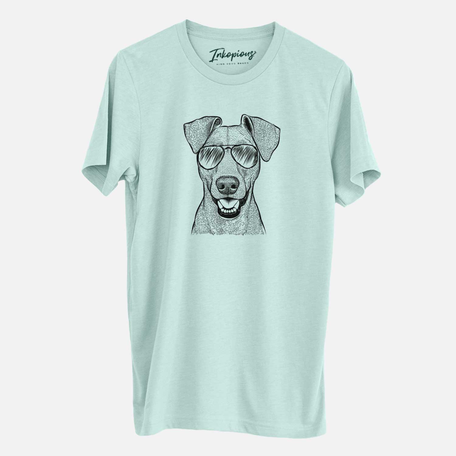 Hand-drawn sketch of Willow the German Pinscher wearing aviator sunglasses on a Heather Sage Unisex crewneck