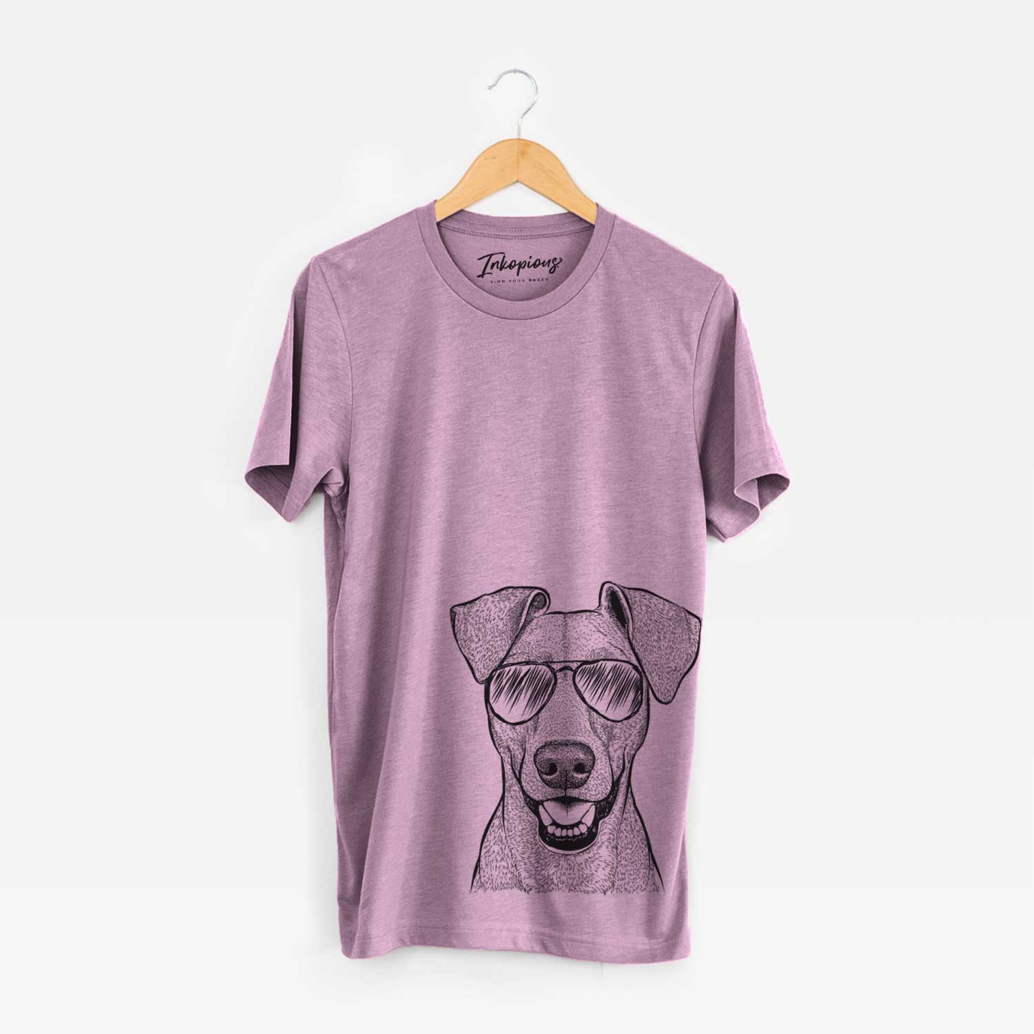 Hand-drawn sketch of Willow the German Pinscher wearing aviator sunglasses on an Orchid Bella Canvas Unisex Crewneck