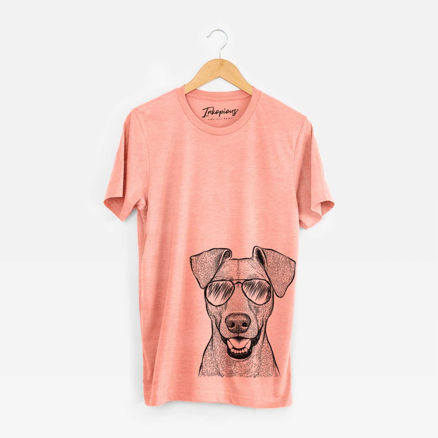 Hand-drawn sketch of Willow the German Pinscher wearing aviator sunglasses on a Sunset Unisex crewneck