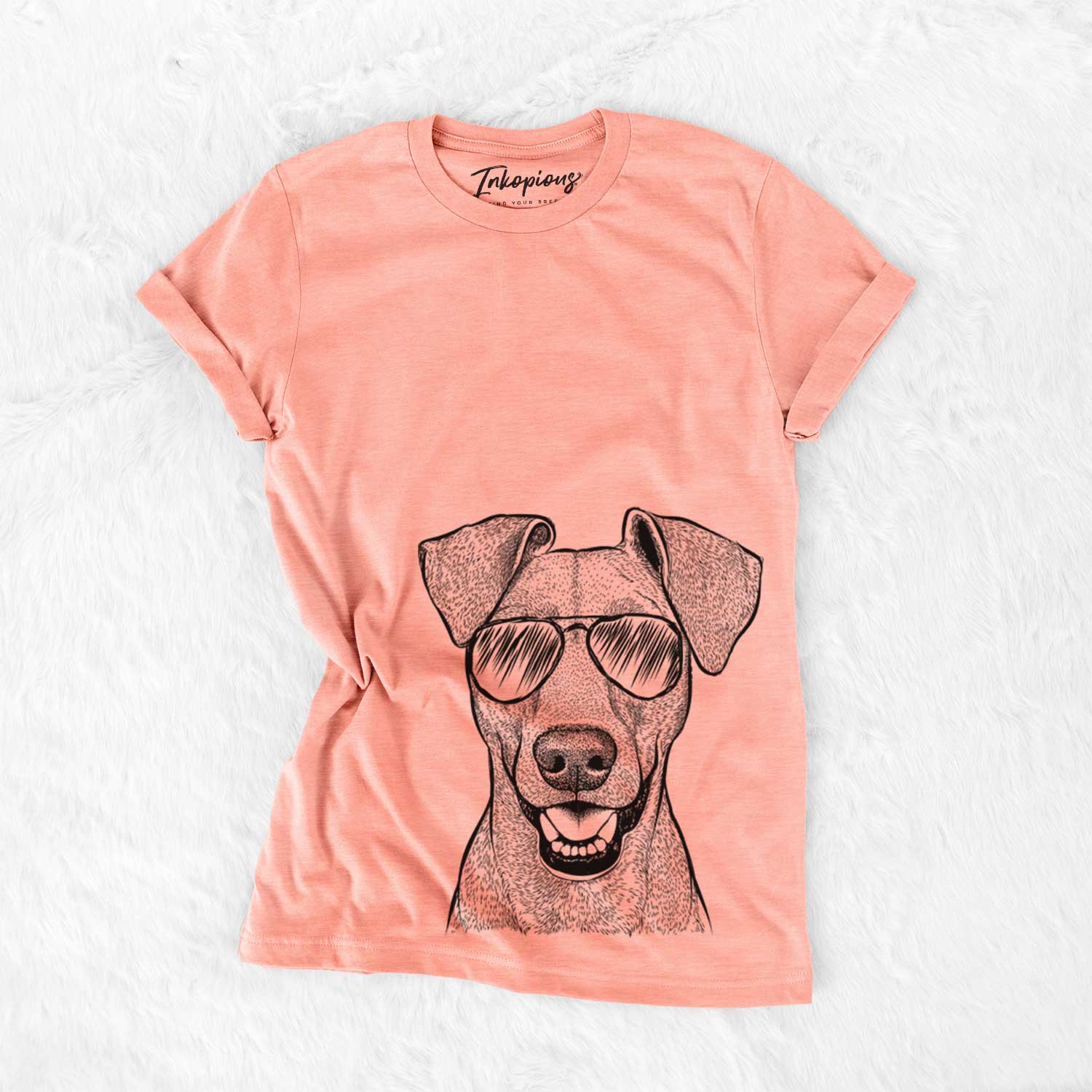 Hand-drawn sketch of Willow the German Pinscher wearing aviator sunglasses on a Sunset Bella Canvas Unisex Crewneck